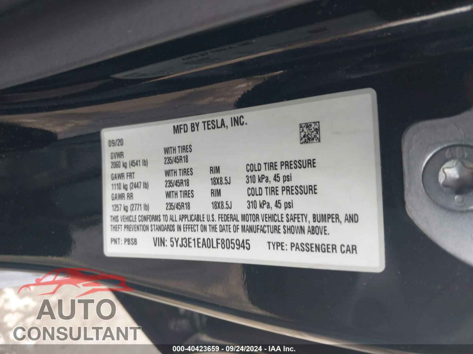 TESLA MODEL 3 2020 - 5YJ3E1EA0LF805945