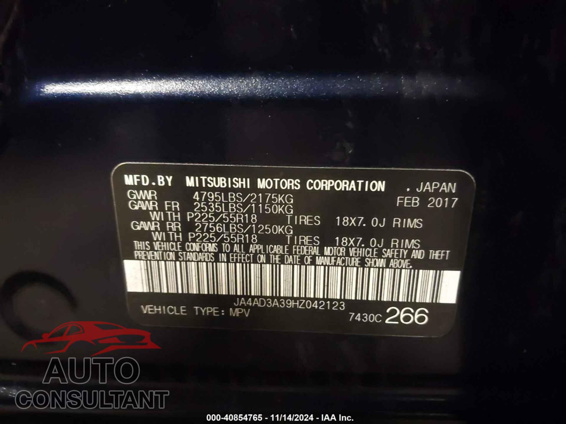 MITSUBISHI OUTLANDER 2017 - JA4AD3A39HZ042123