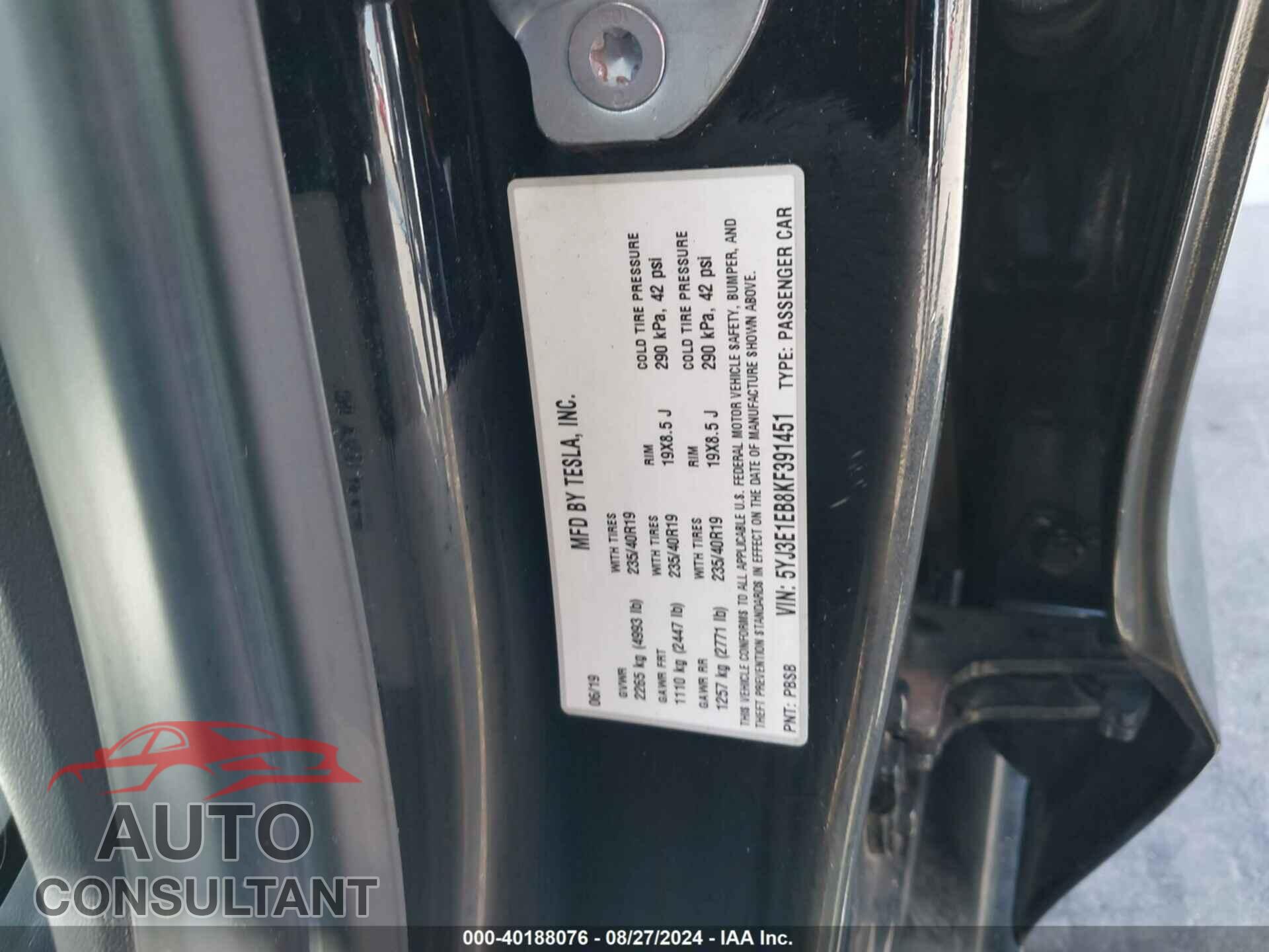 TESLA MODEL 3 2019 - 5YJ3E1EB8KF391451