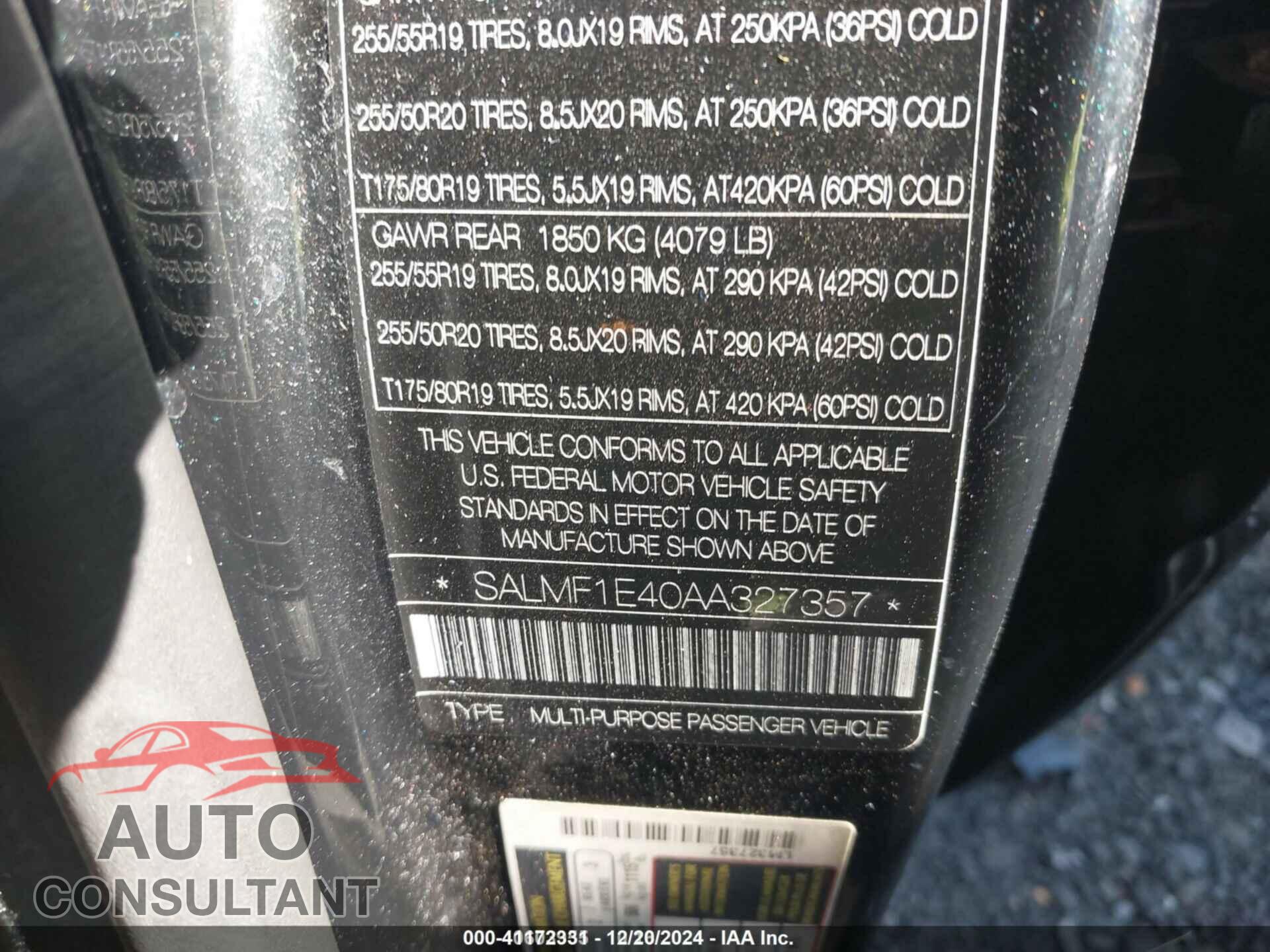 LAND ROVER RANGE ROVER 2010 - SALMF1E40AA327357