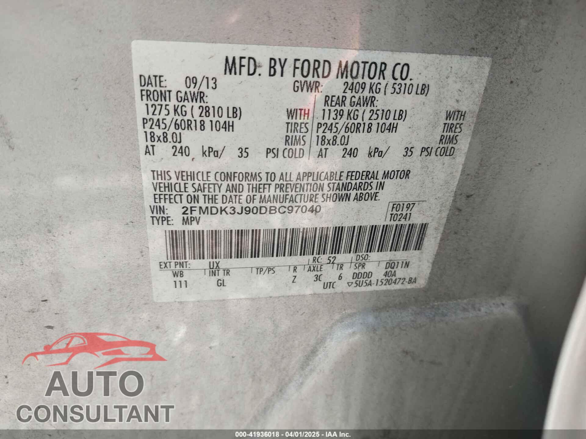 FORD EDGE 2013 - 2FMDK3J90DBC97040