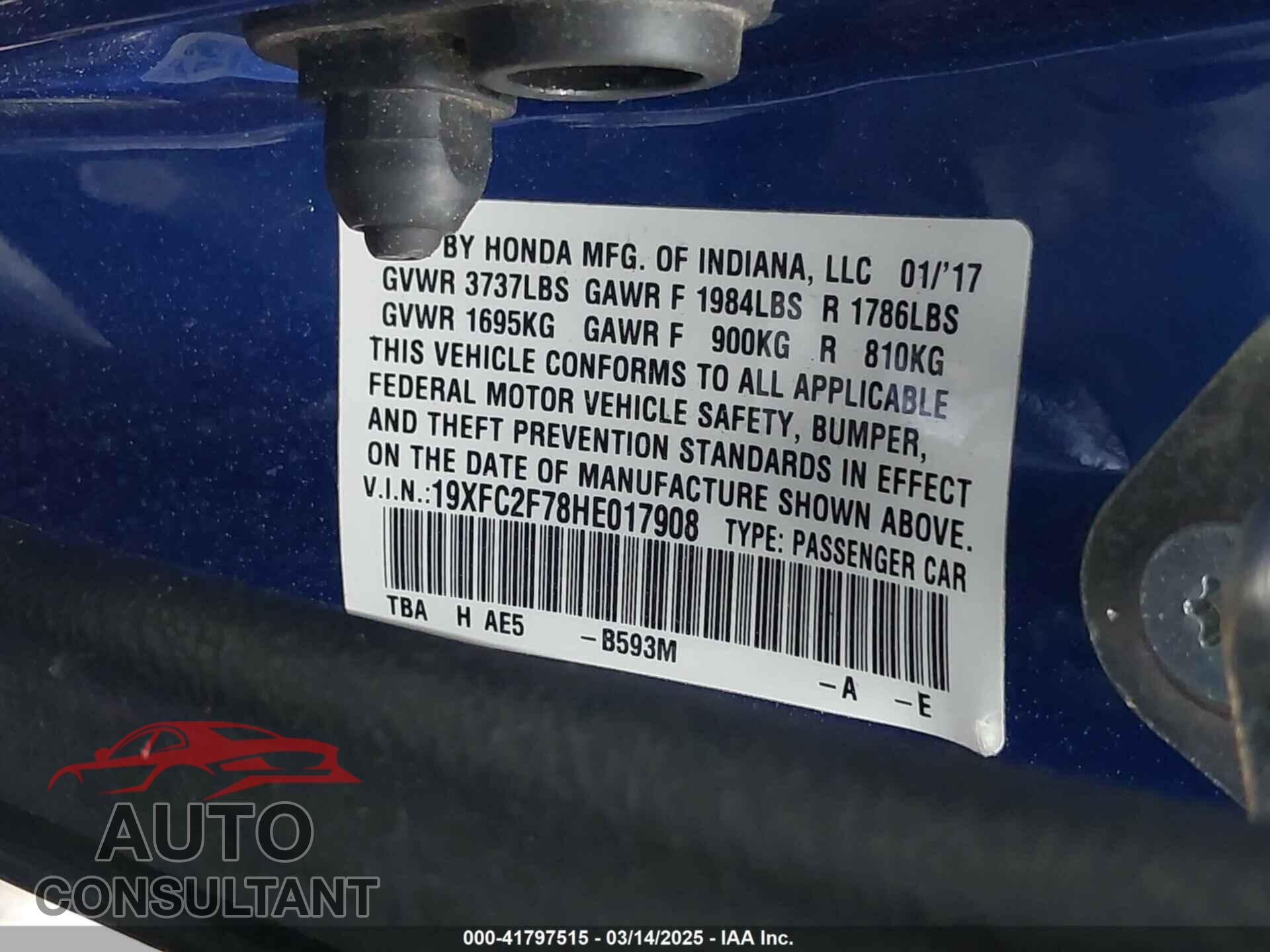 HONDA CIVIC 2017 - 19XFC2F78HE017908