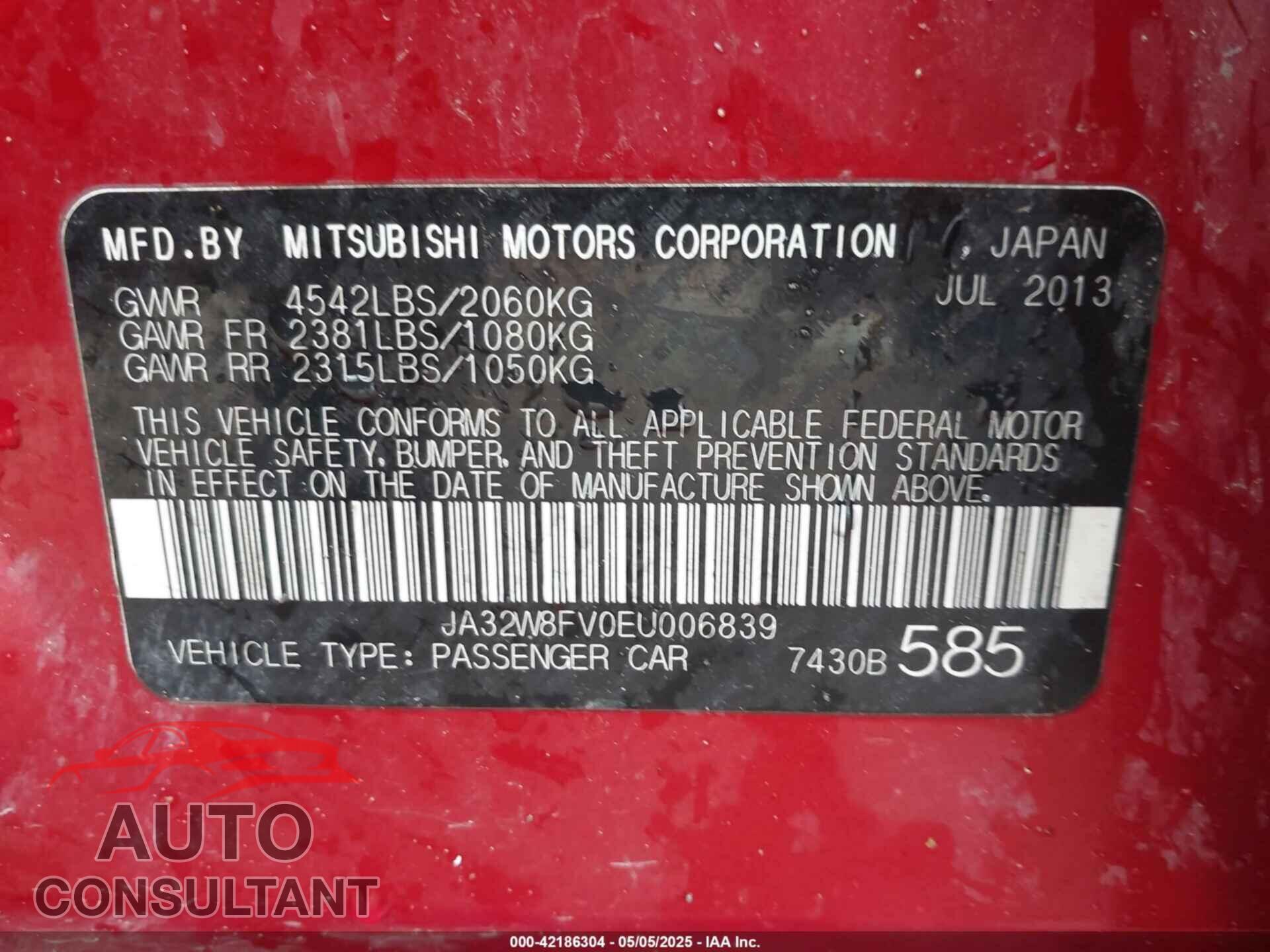 MITSUBISHI LANCER EVOLUTION 2014 - JA32W8FV0EU006839