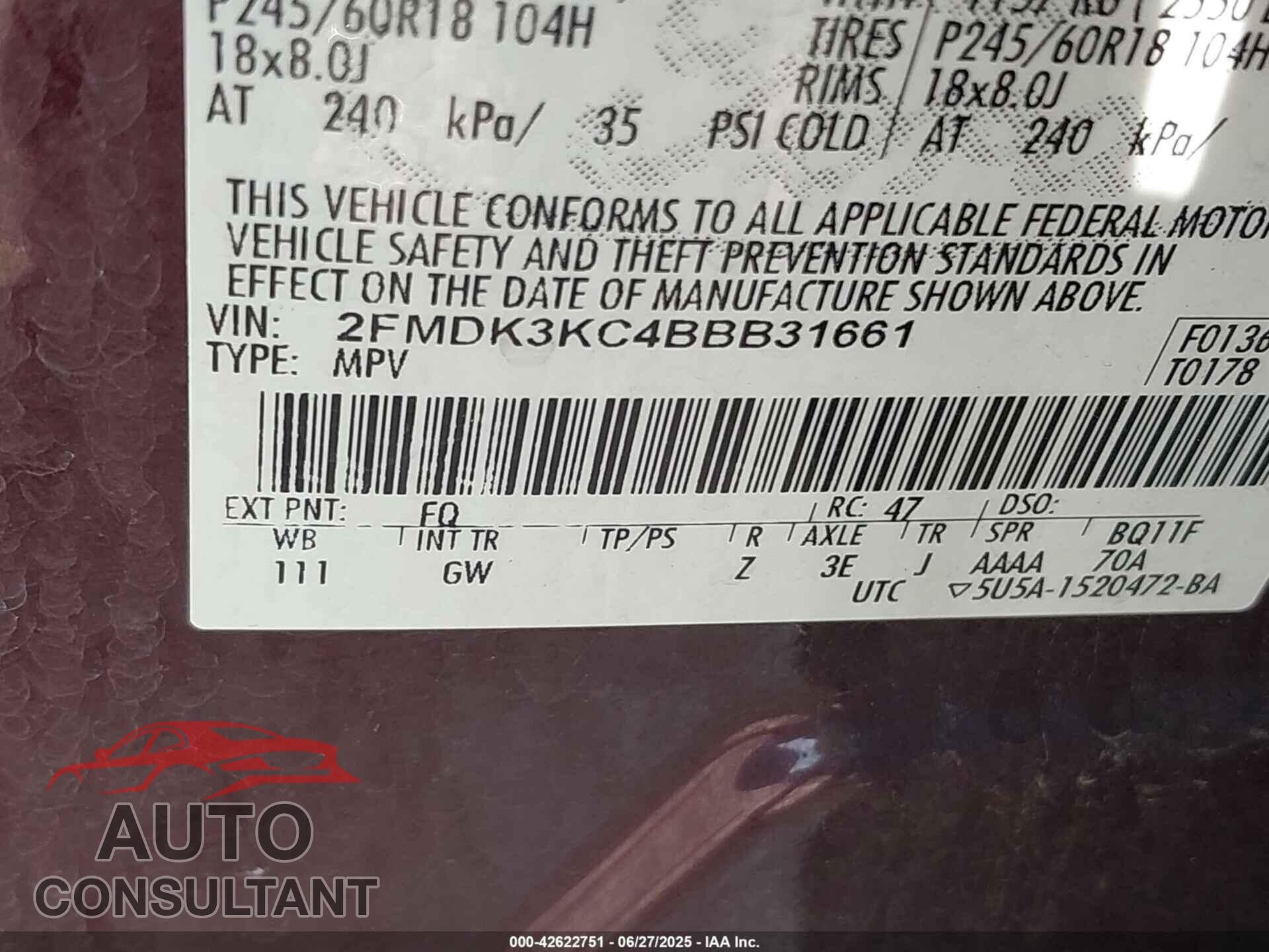 FORD EDGE 2011 - 2FMDK3KC4BBB31661