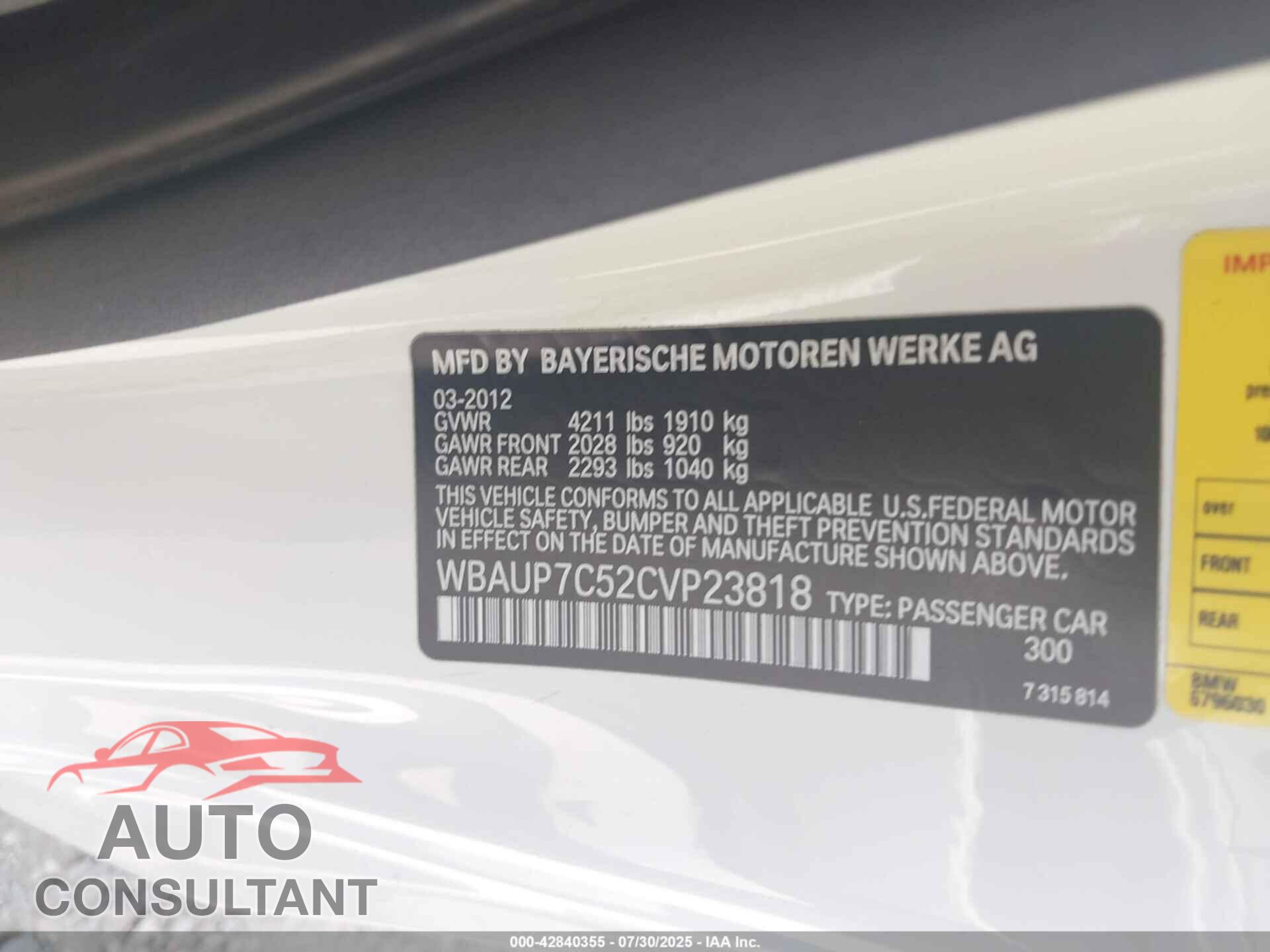 BMW 128I 2012 - WBAUP7C52CVP23818