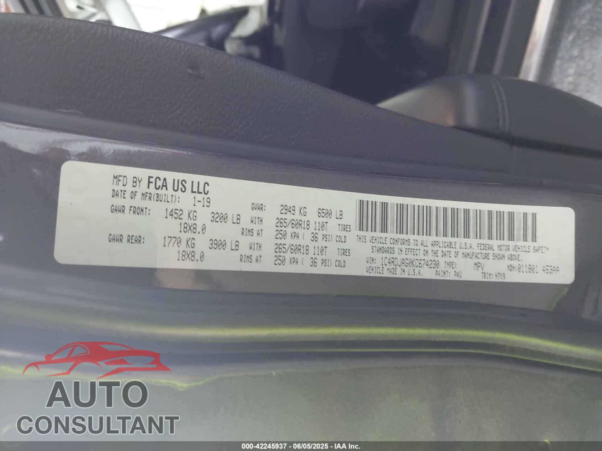 DODGE DURANGO 2019 - 1C4RDJAG0KC674230