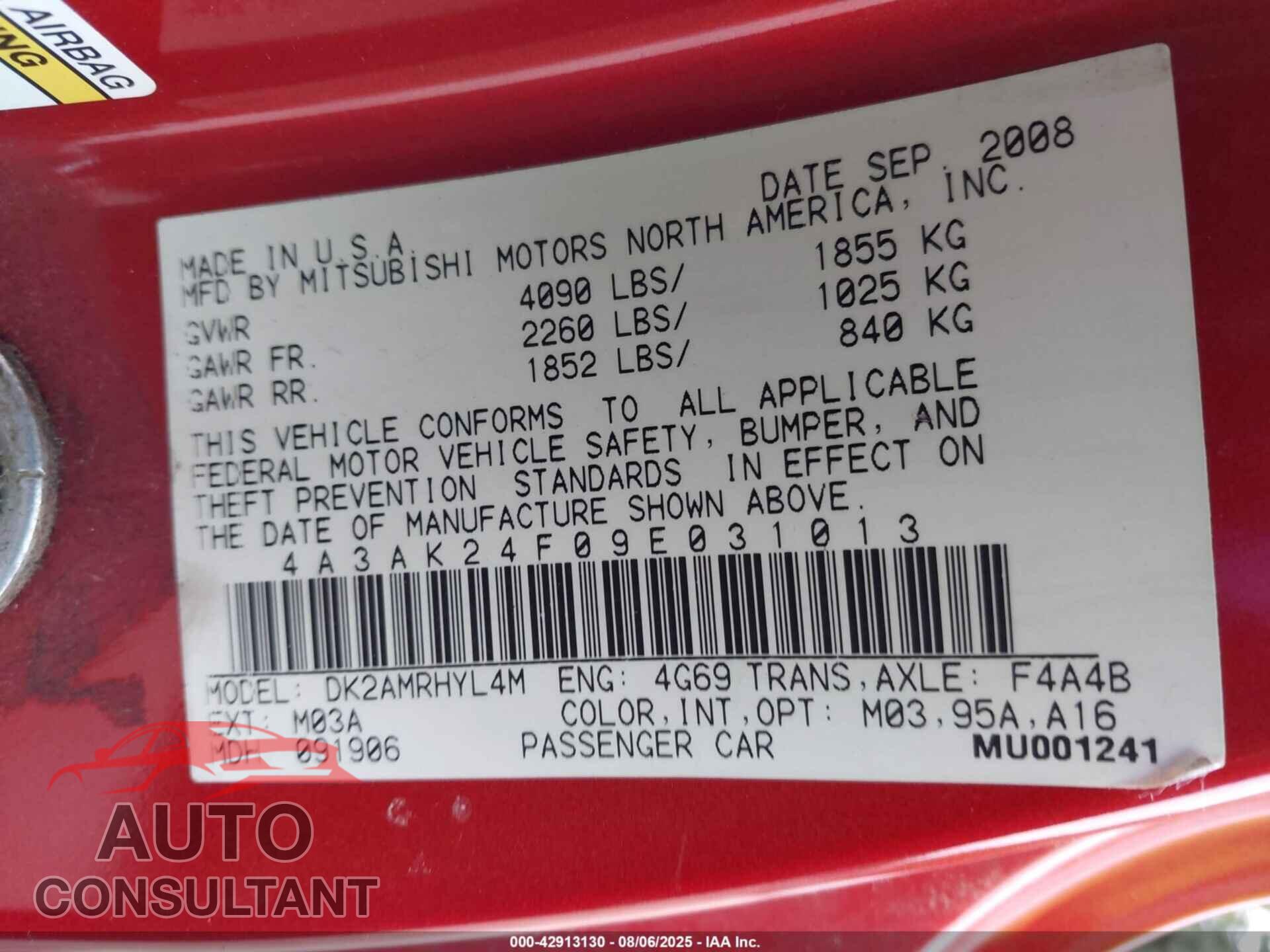 MITSUBISHI ECLIPSE 2009 - 4A3AK24F09E031013