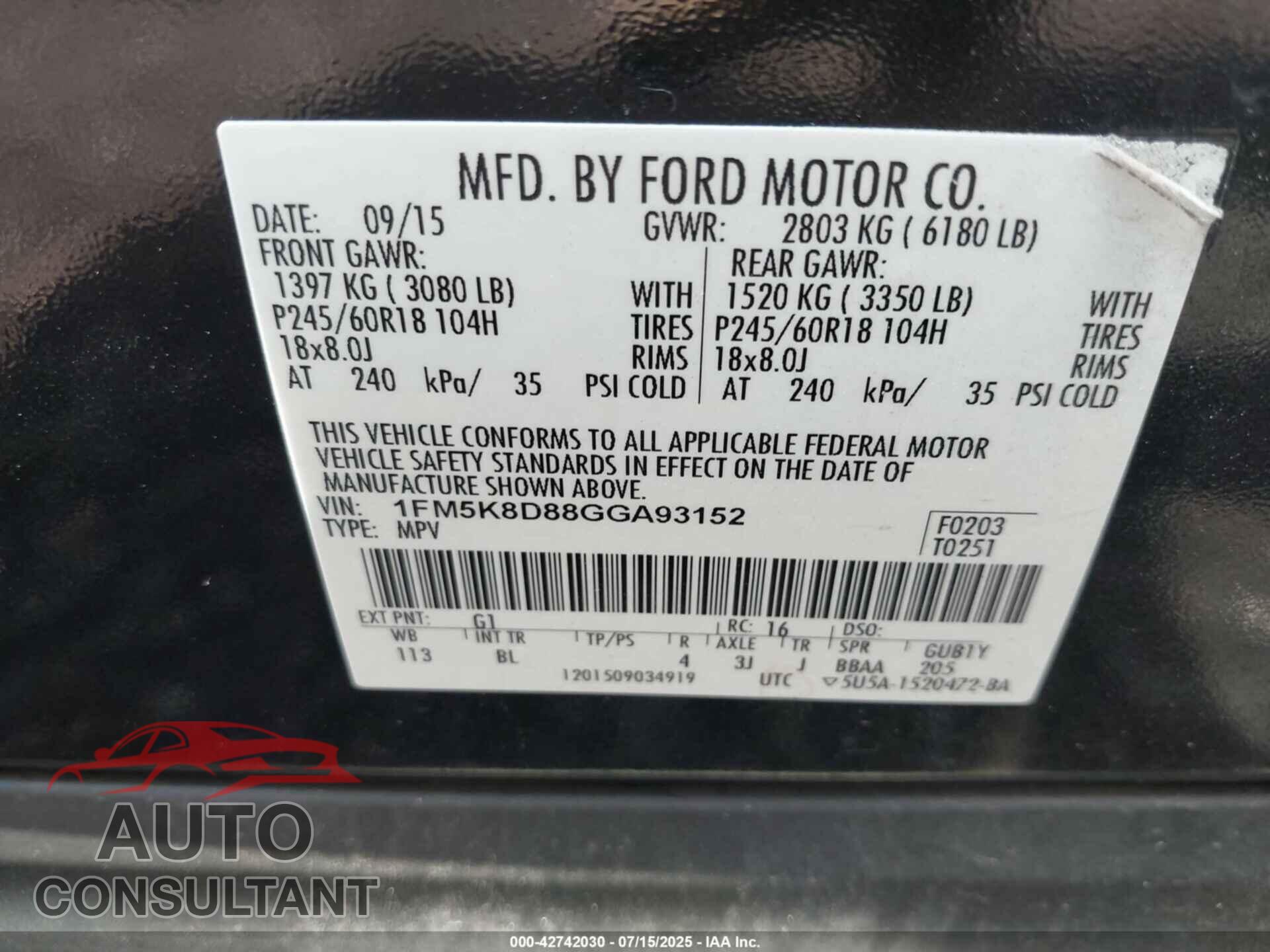 FORD EXPLORER 2016 - 1FM5K8D88GGA93152