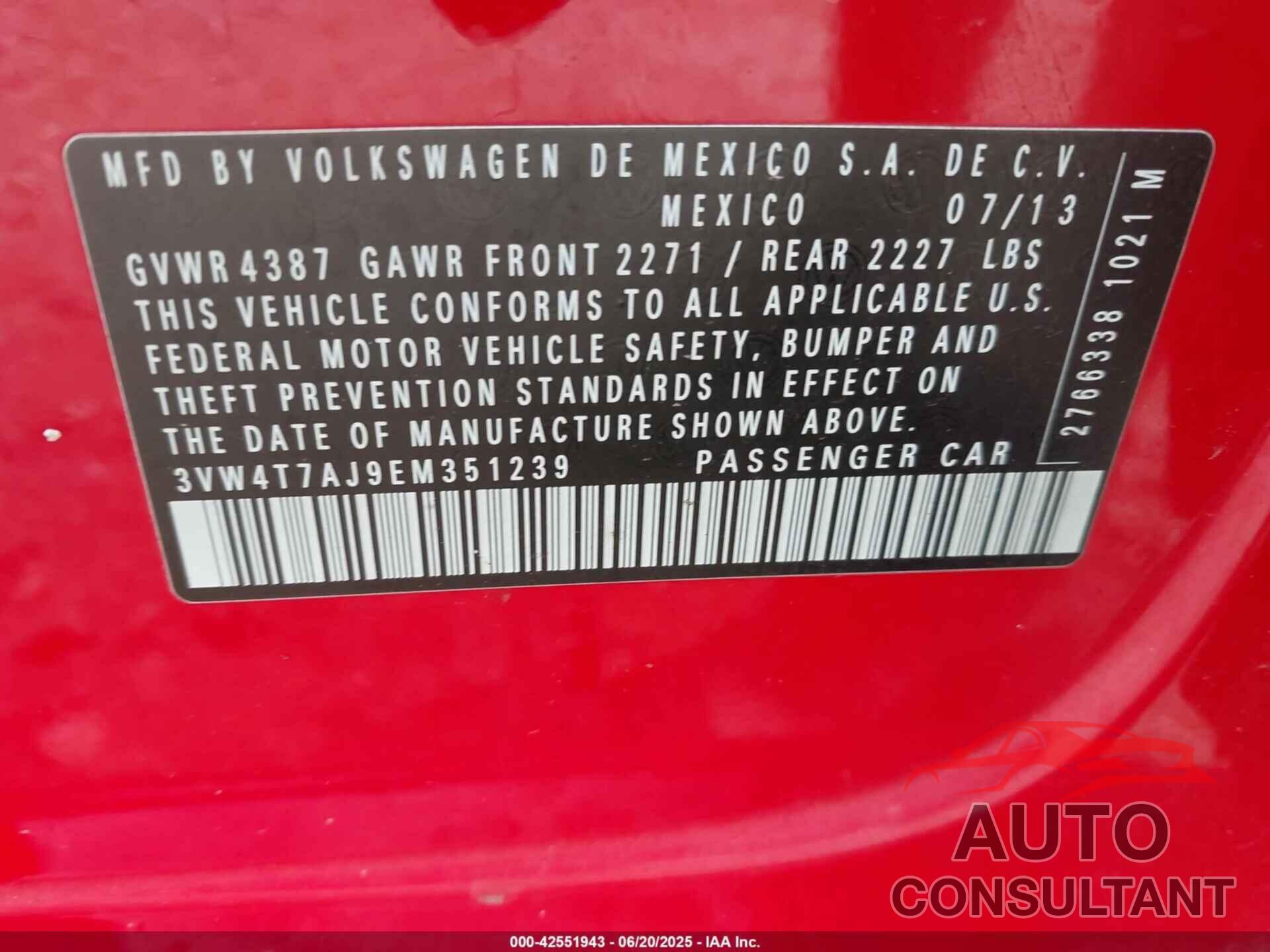 VOLKSWAGEN JETTA 2014 - 3VW4T7AJ9EM351239