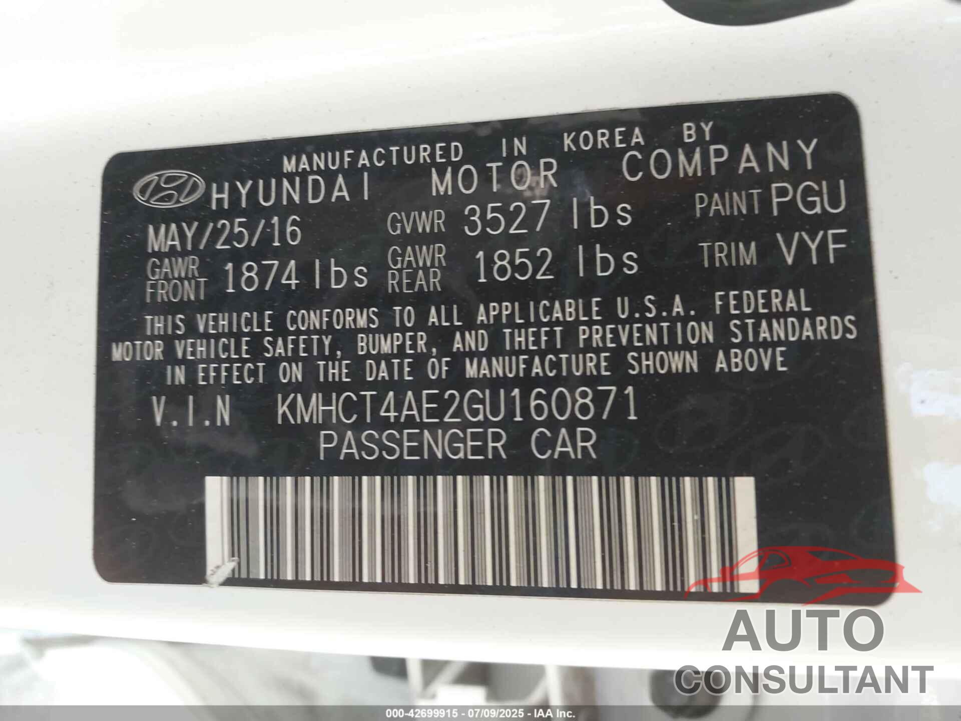 HYUNDAI ACCENT 2016 - KMHCT4AE2GU160871
