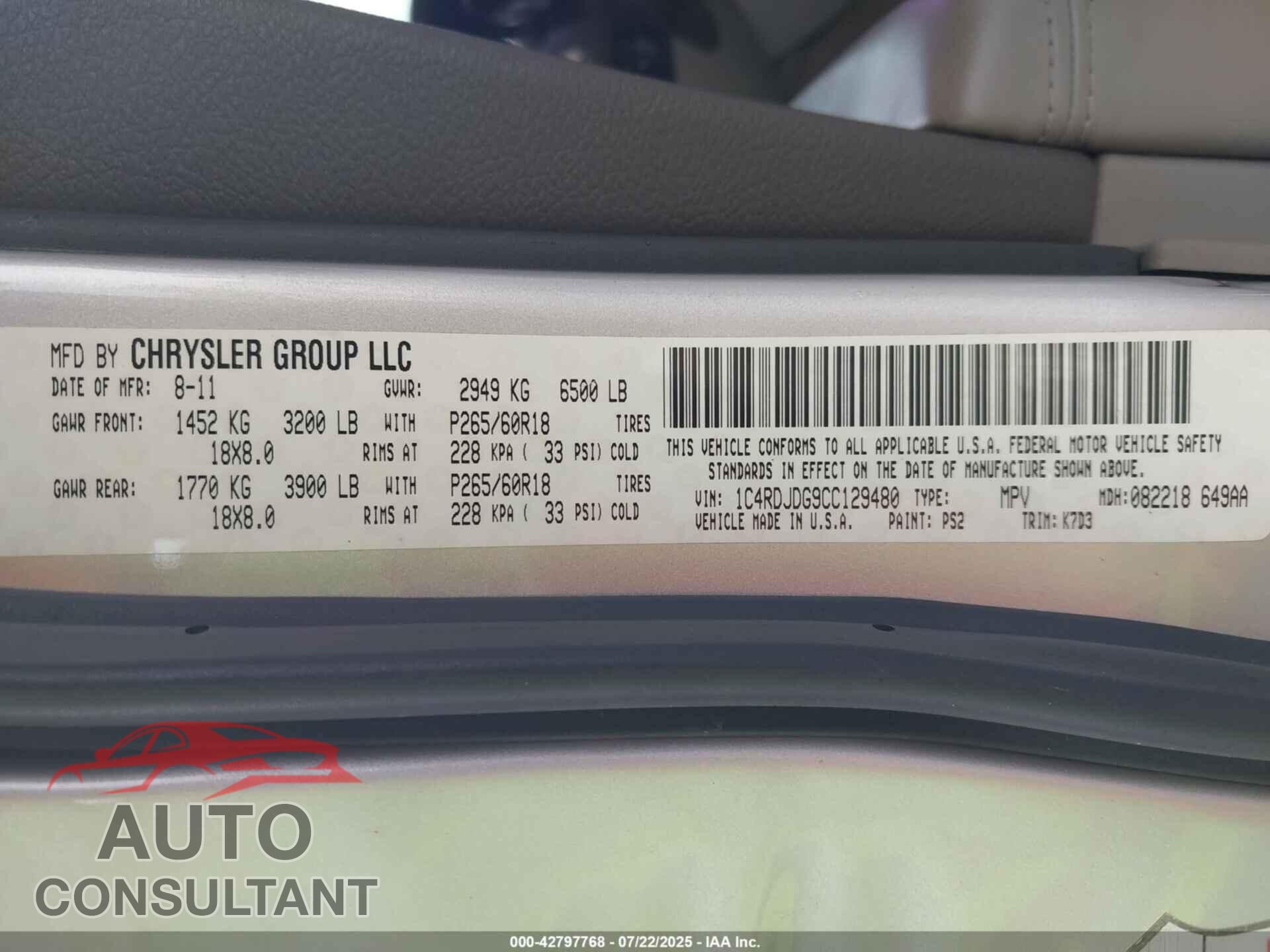 DODGE DURANGO 2012 - 1C4RDJDG9CC129480
