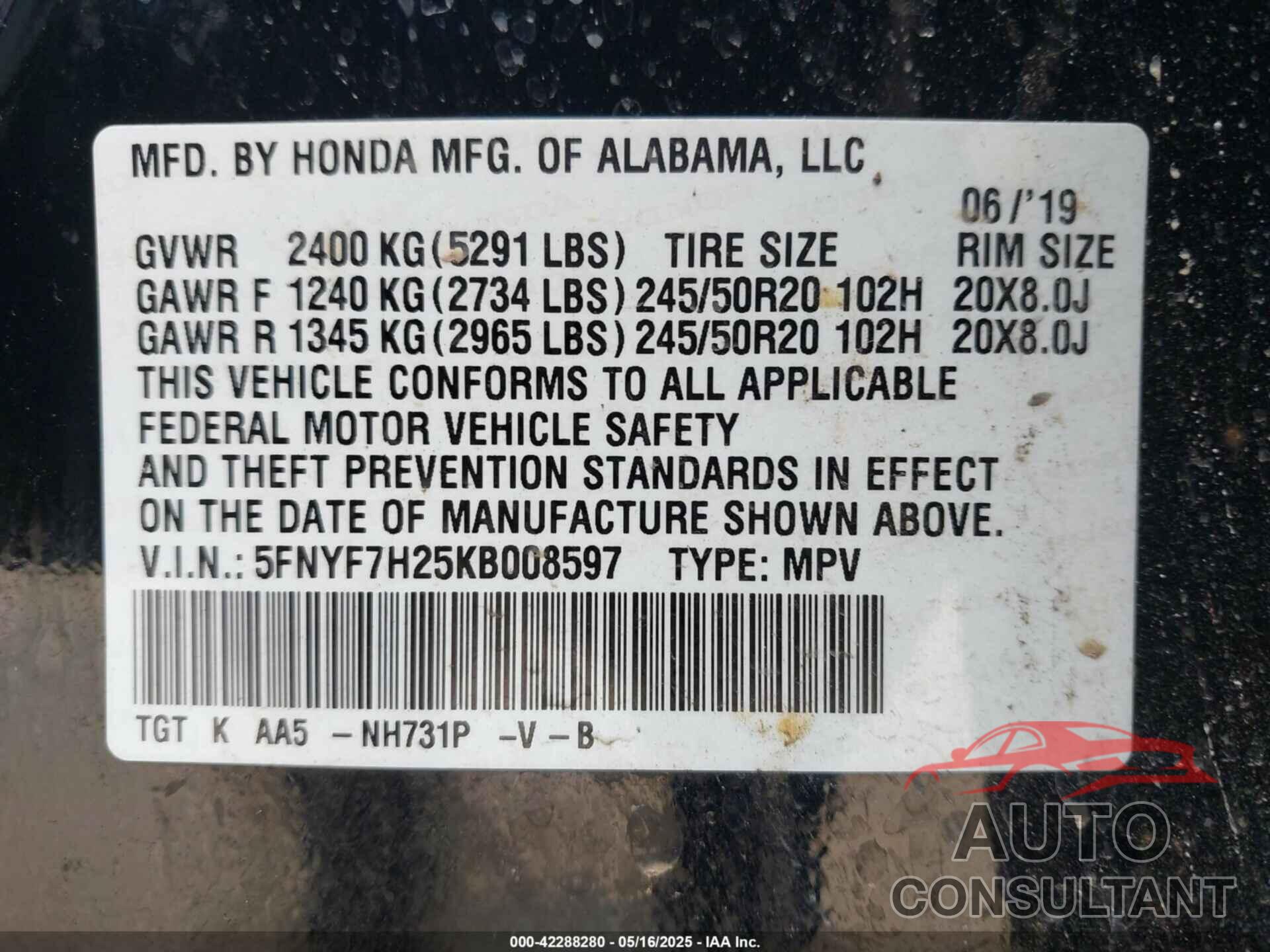 HONDA PASSPORT 2019 - 5FNYF7H25KB008597