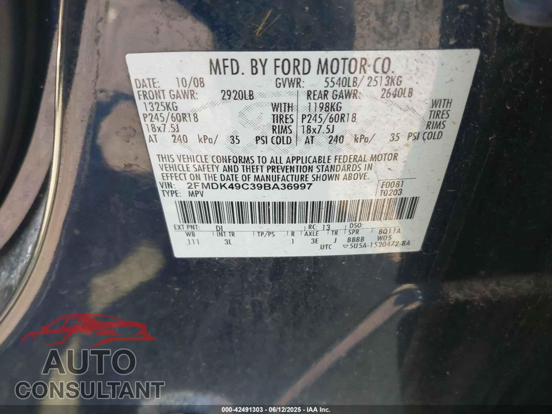 FORD EDGE 2009 - 2FMDK49C39BA36997