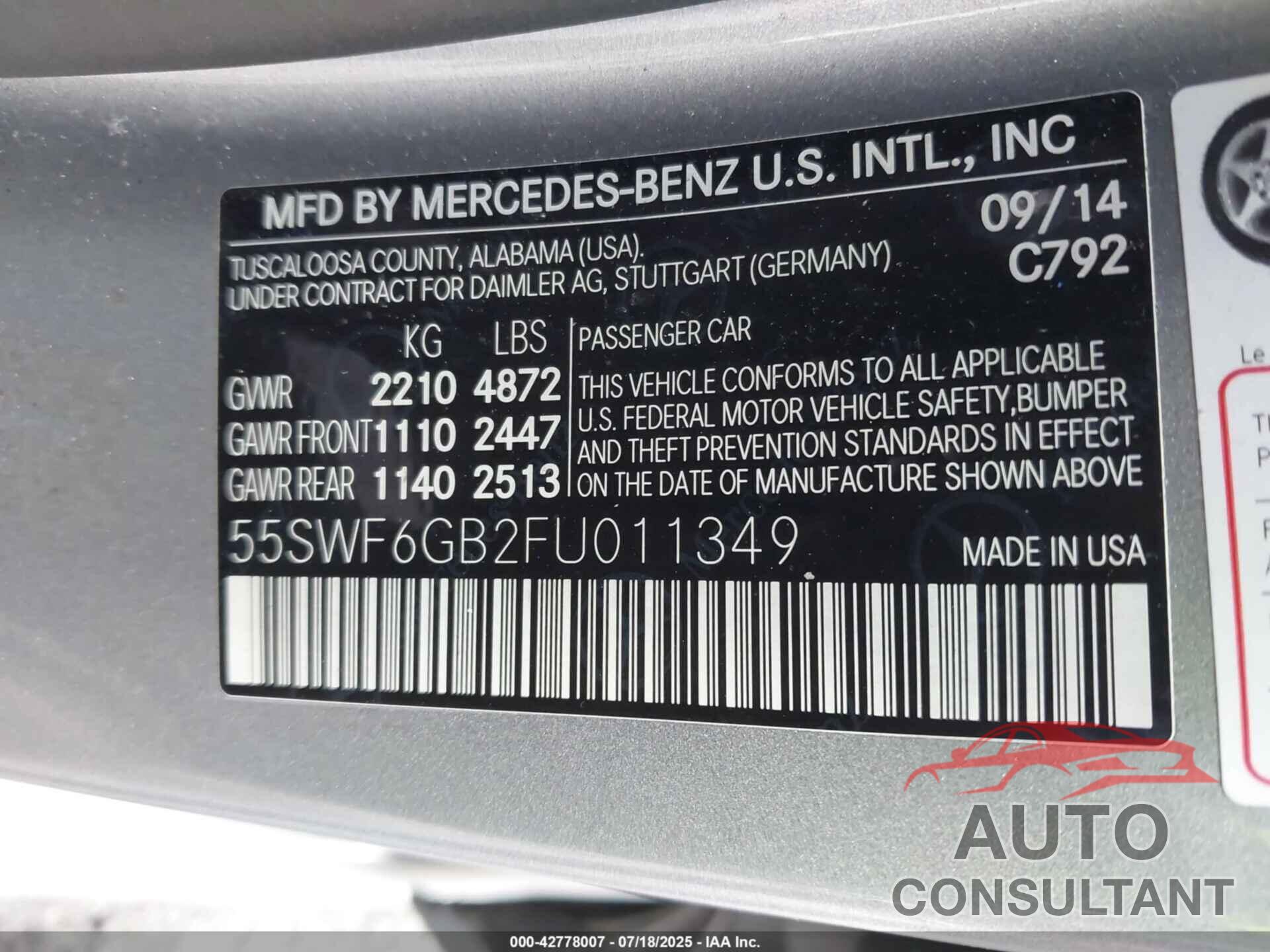 MERCEDES-BENZ C 2015 - 55SWF6GB2FU011349
