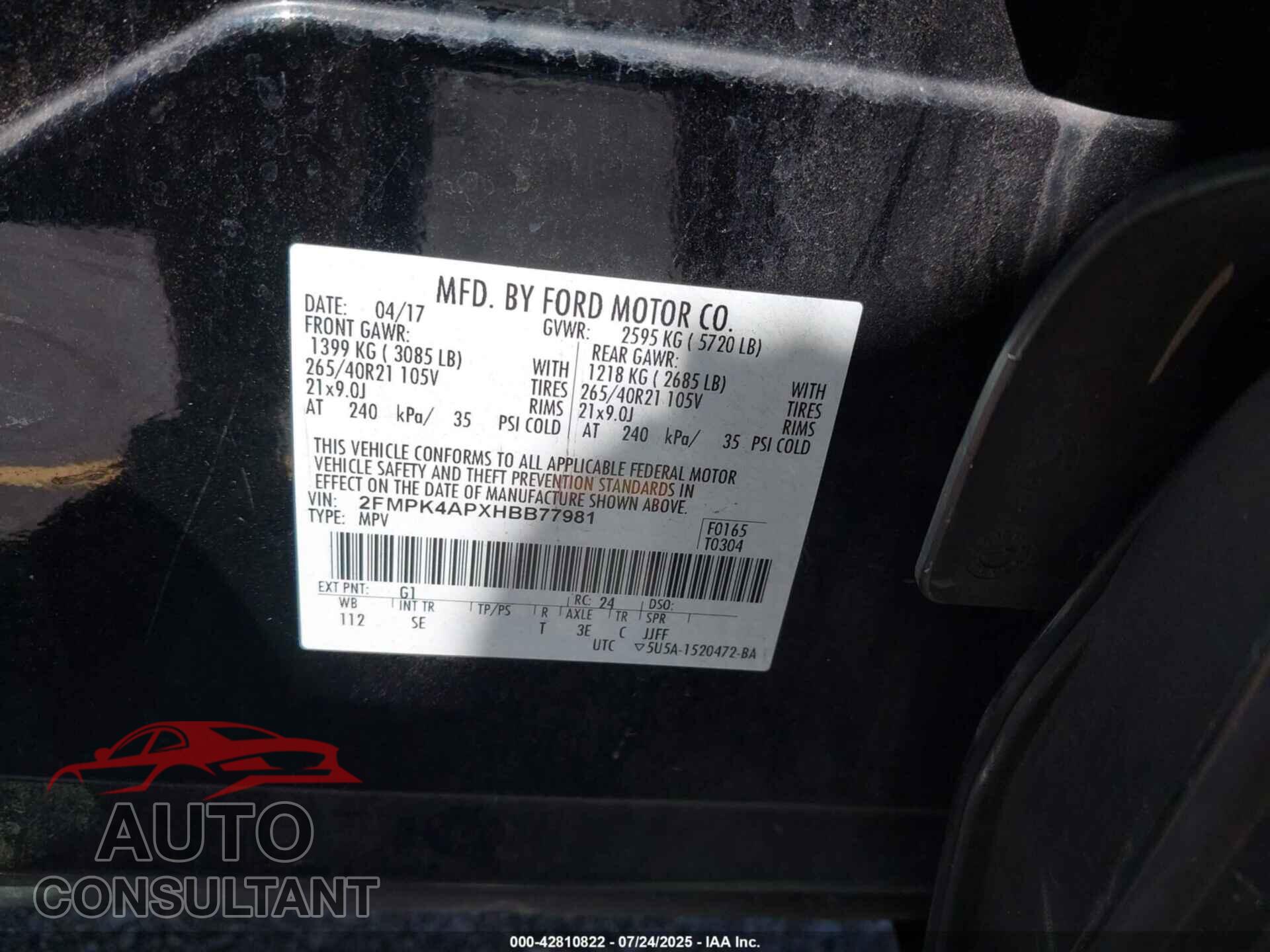 FORD EDGE 2017 - 2FMPK4APXHBB77981