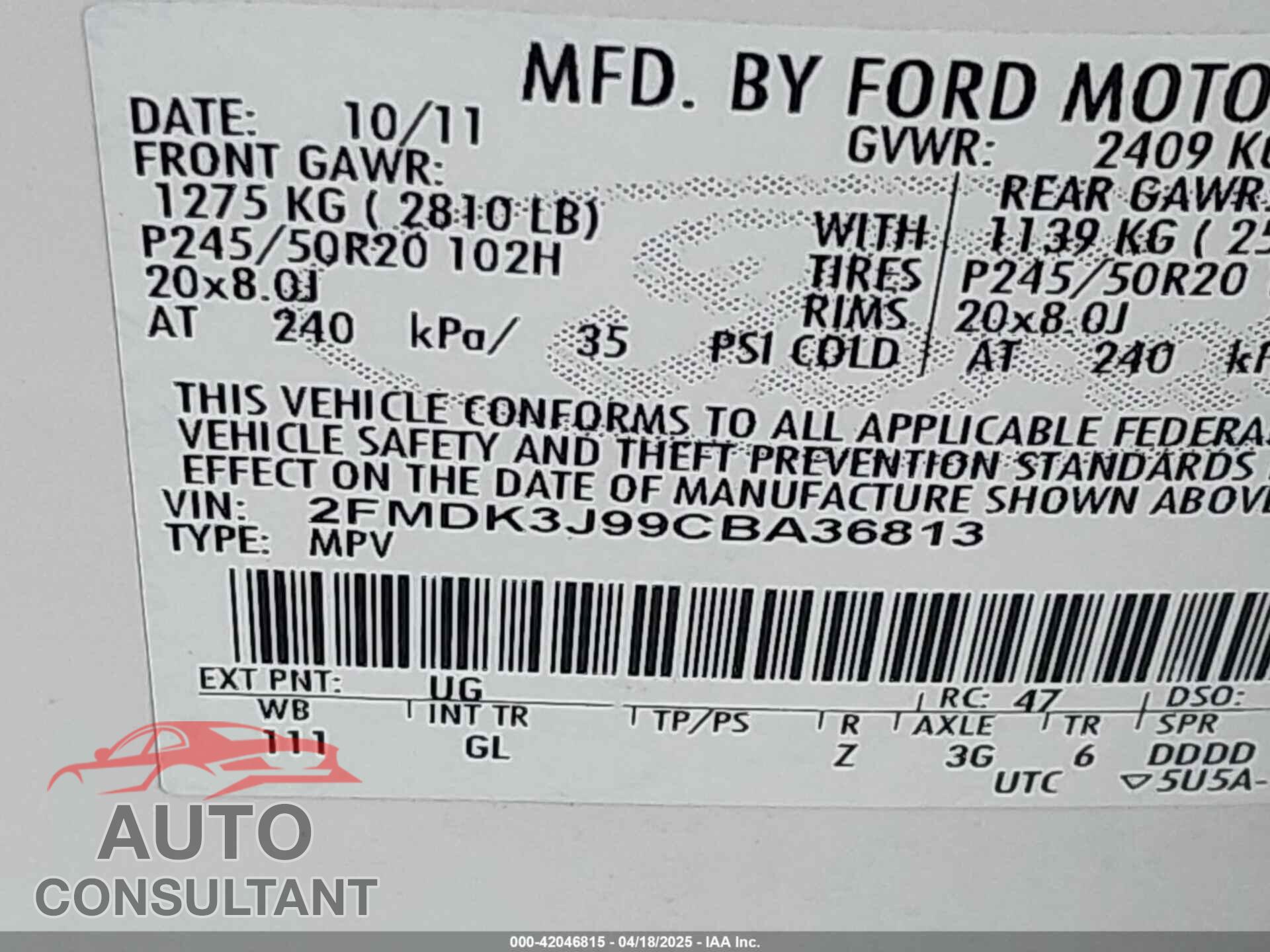 FORD EDGE 2012 - 2FMDK3J99CBA36813