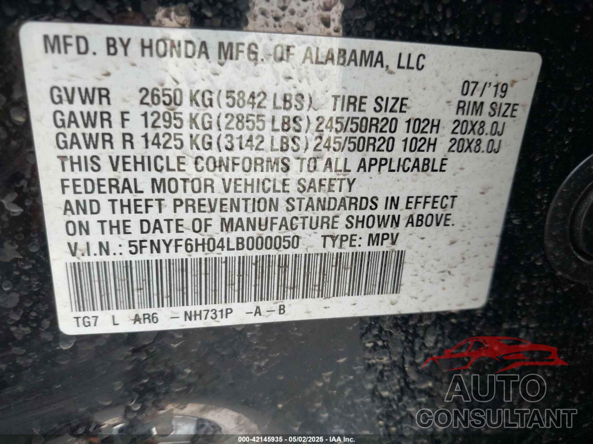 HONDA PILOT 2020 - 5FNYF6H04LB000050