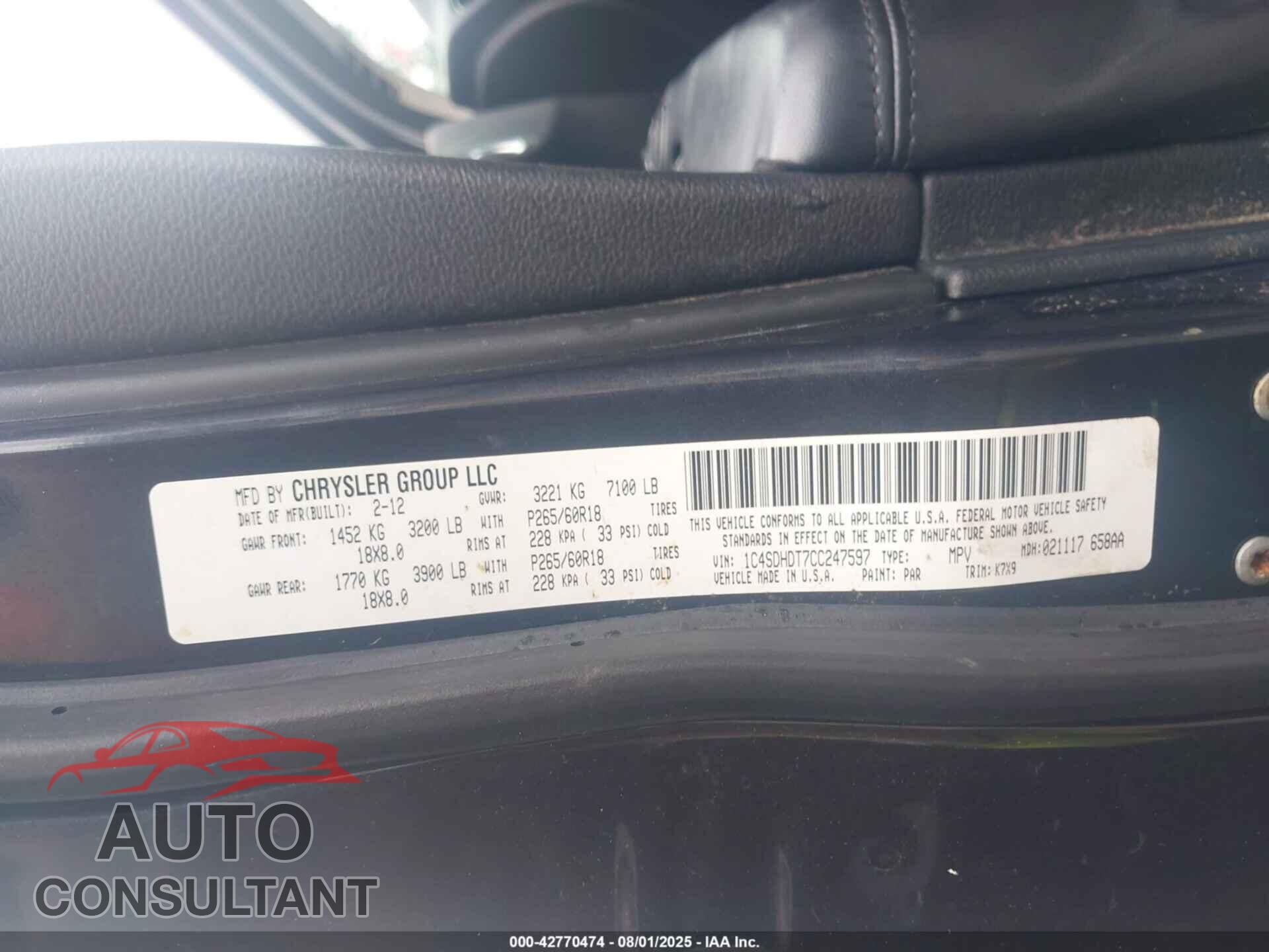 DODGE DURANGO 2012 - 1C4SDHDT7CC247597