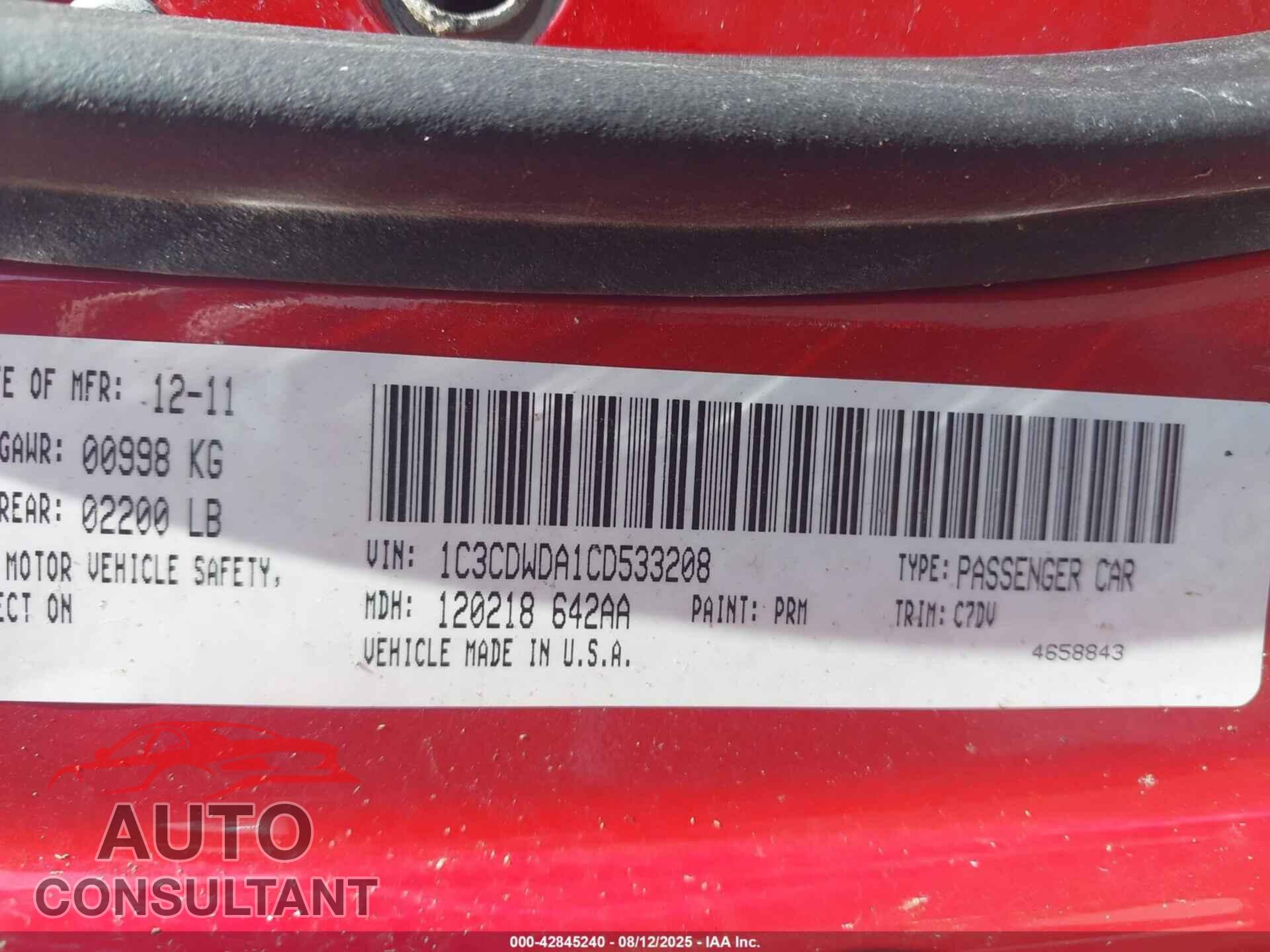 DODGE CALIBER 2012 - 1C3CDWDA1CD533208