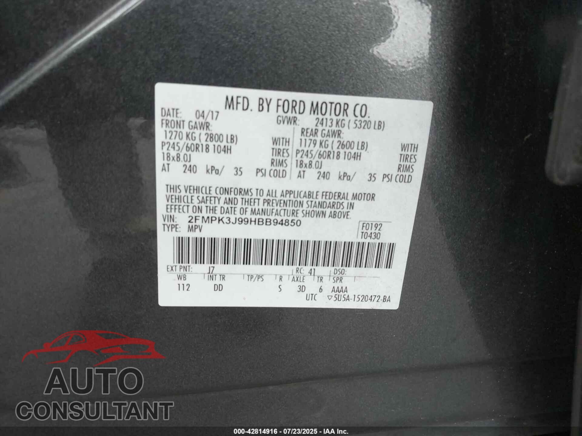 FORD EDGE 2017 - 2FMPK3J99HBB94850