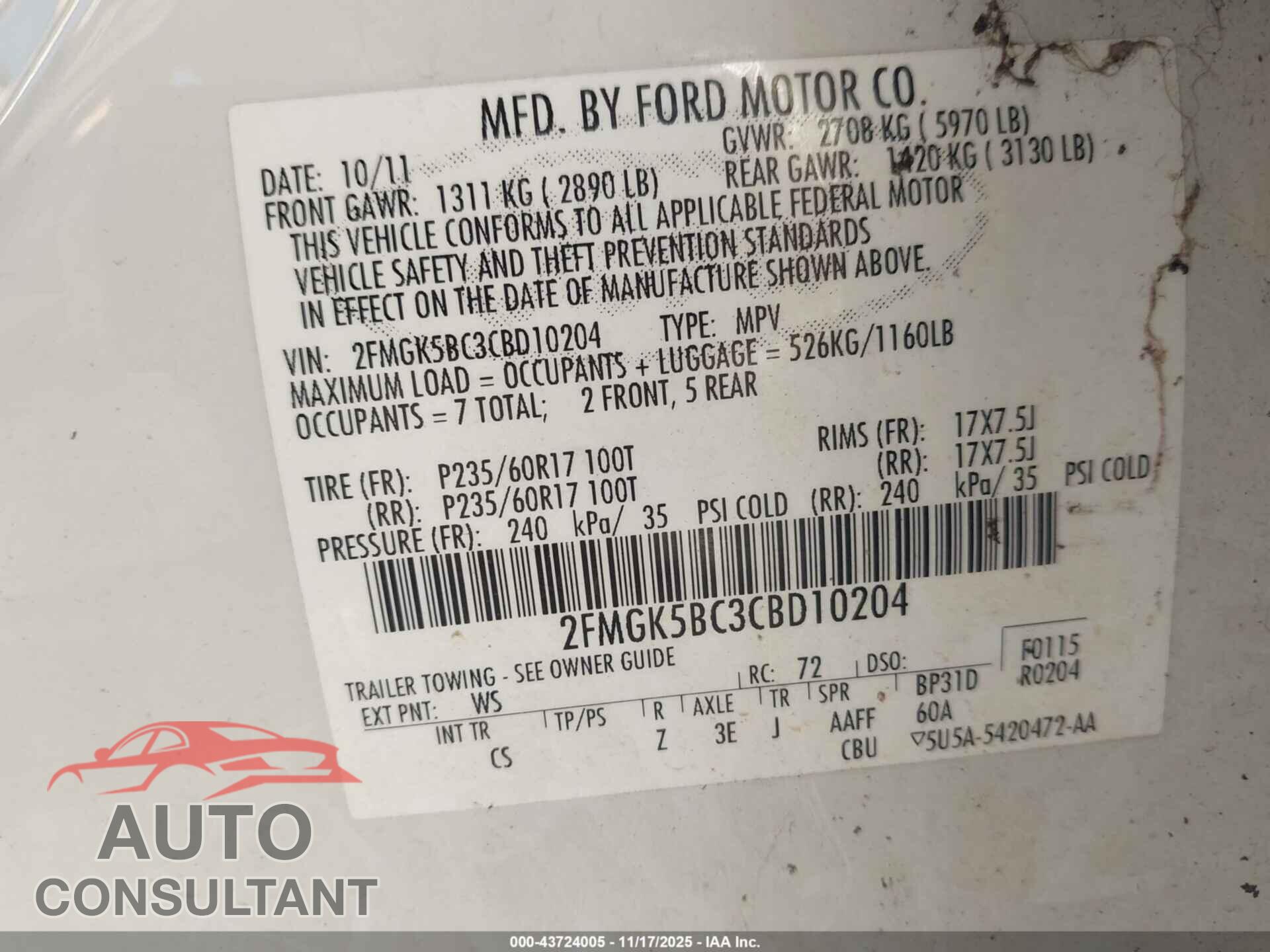 FORD FLEX 2012 - 2FMGK5BC3CBD10204