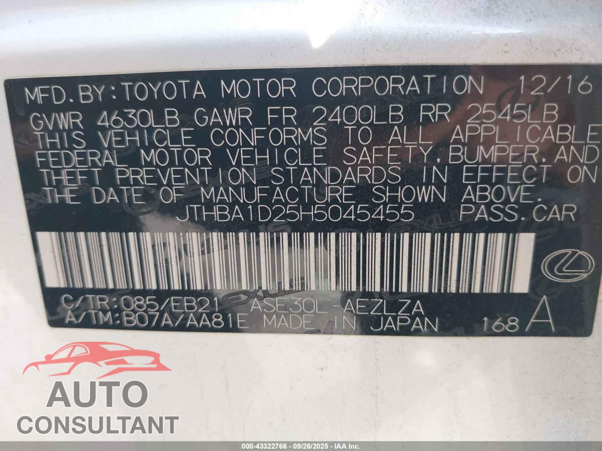 LEXUS IS 200T 2017 - JTHBA1D25H5045455