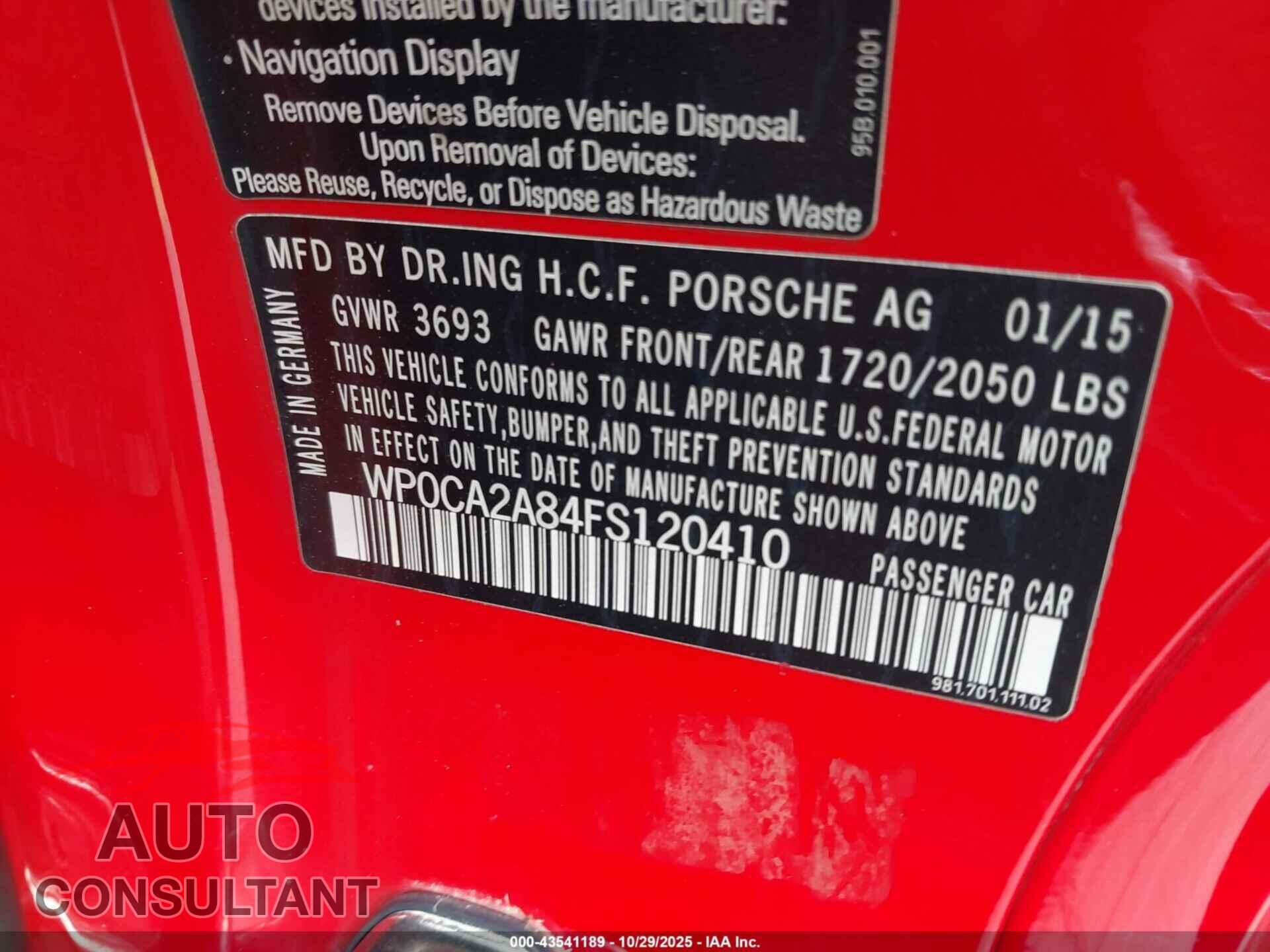 PORSCHE BOXSTER 2015 - WP0CA2A84FS120410