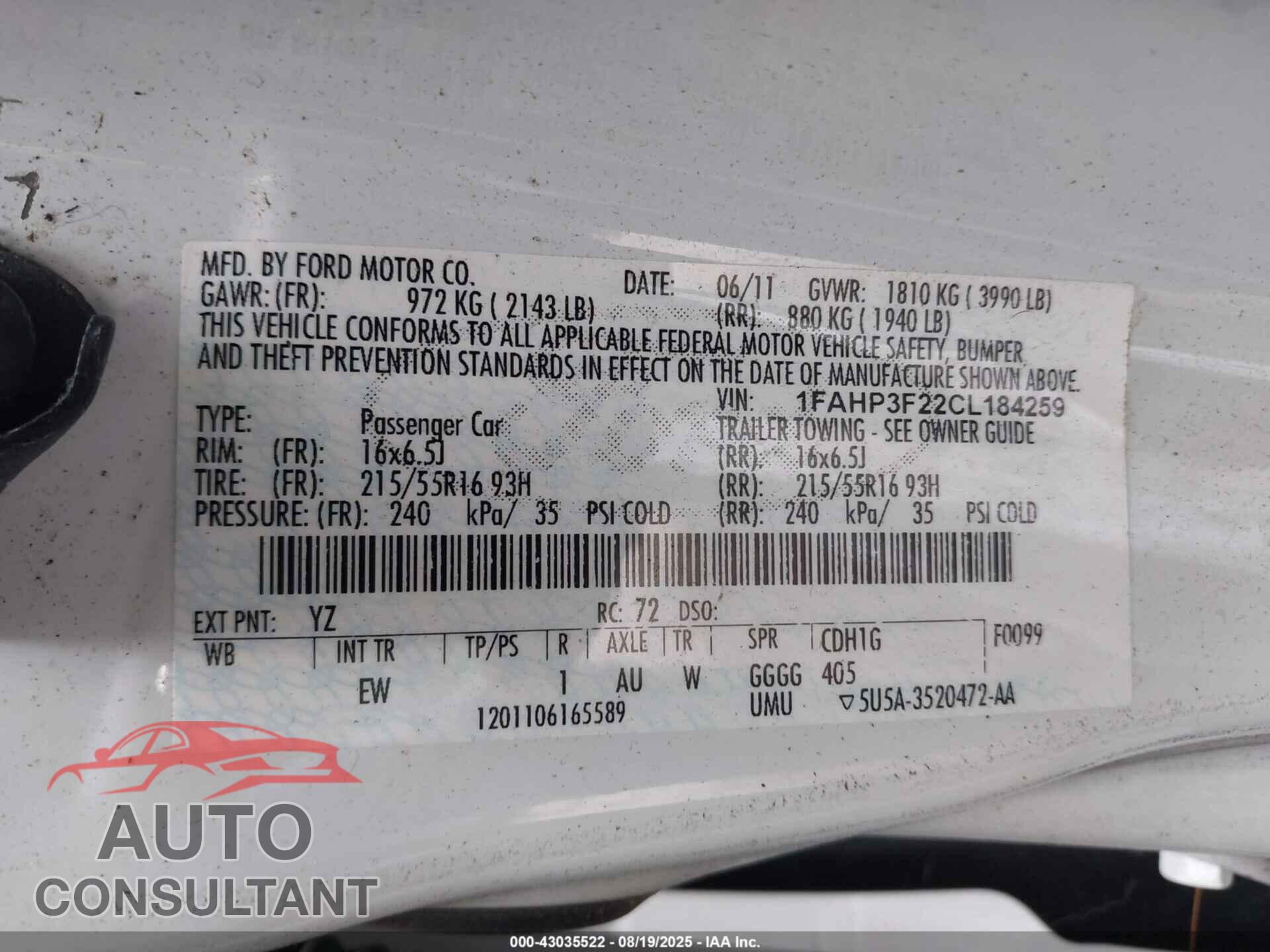 FORD FOCUS 2012 - 1FAHP3F22CL184259