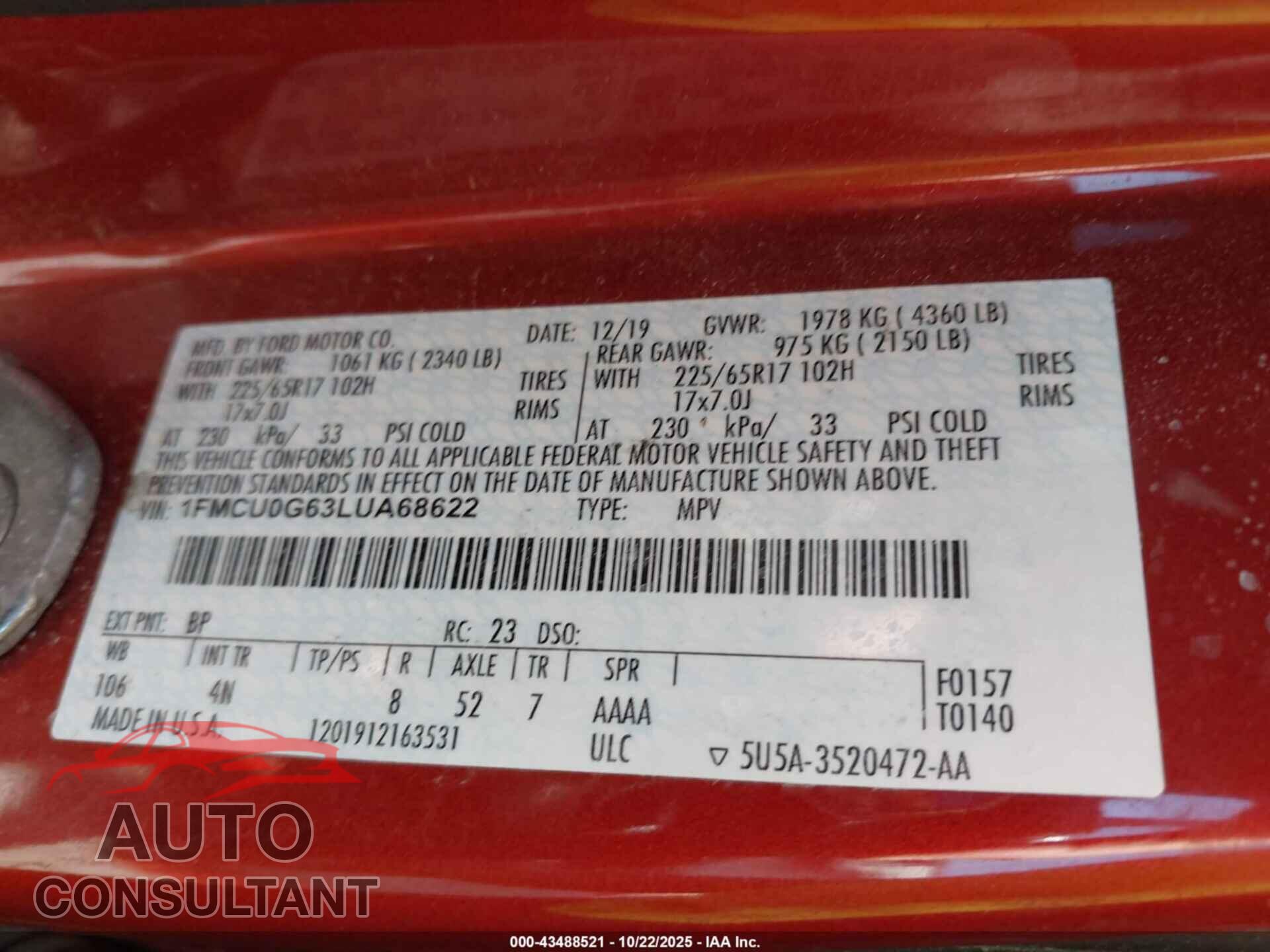 FORD ESCAPE 2020 - 1FMCU0G63LUA68622