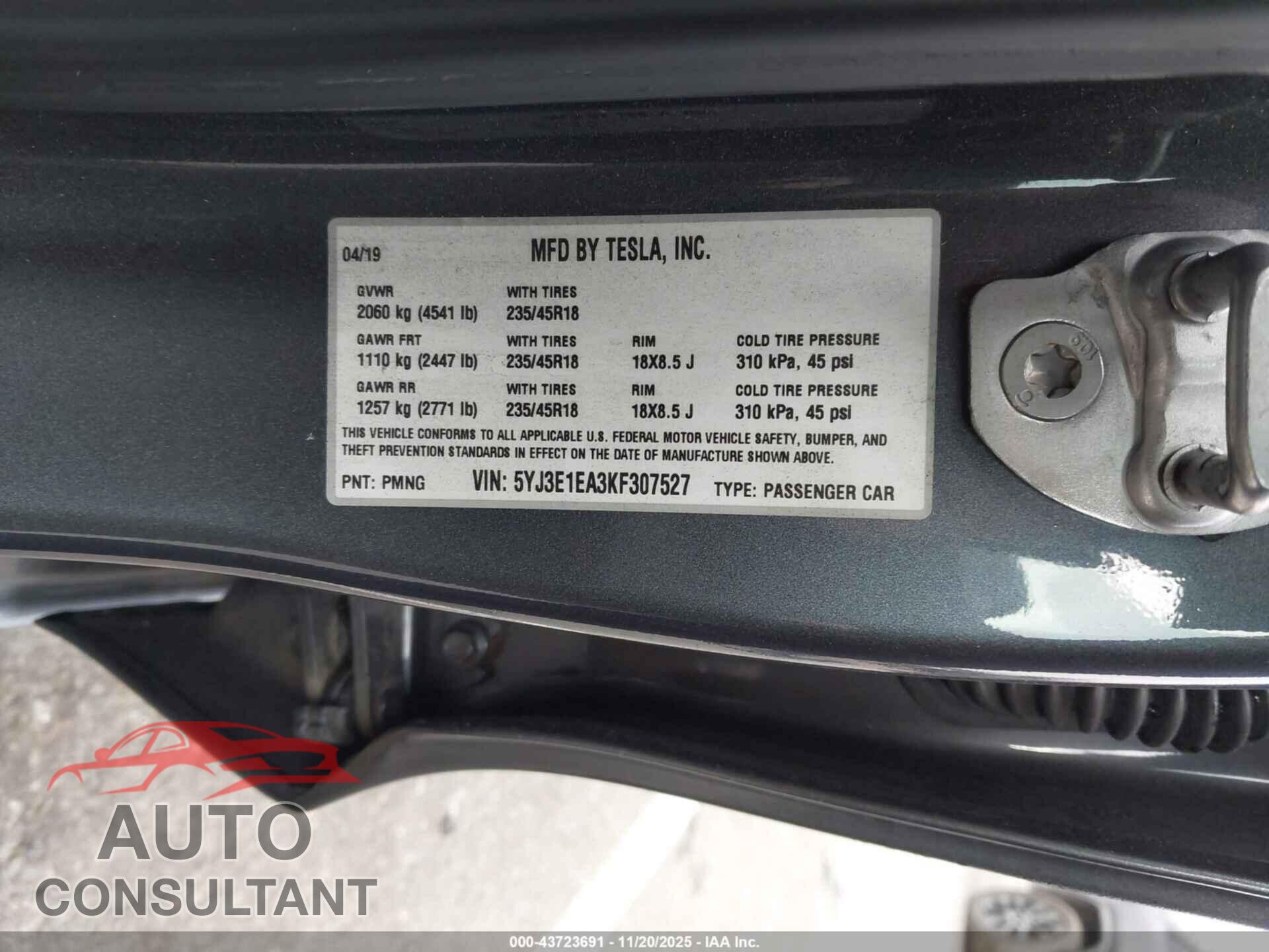 TESLA MODEL 3 2019 - 5YJ3E1EA3KF307527