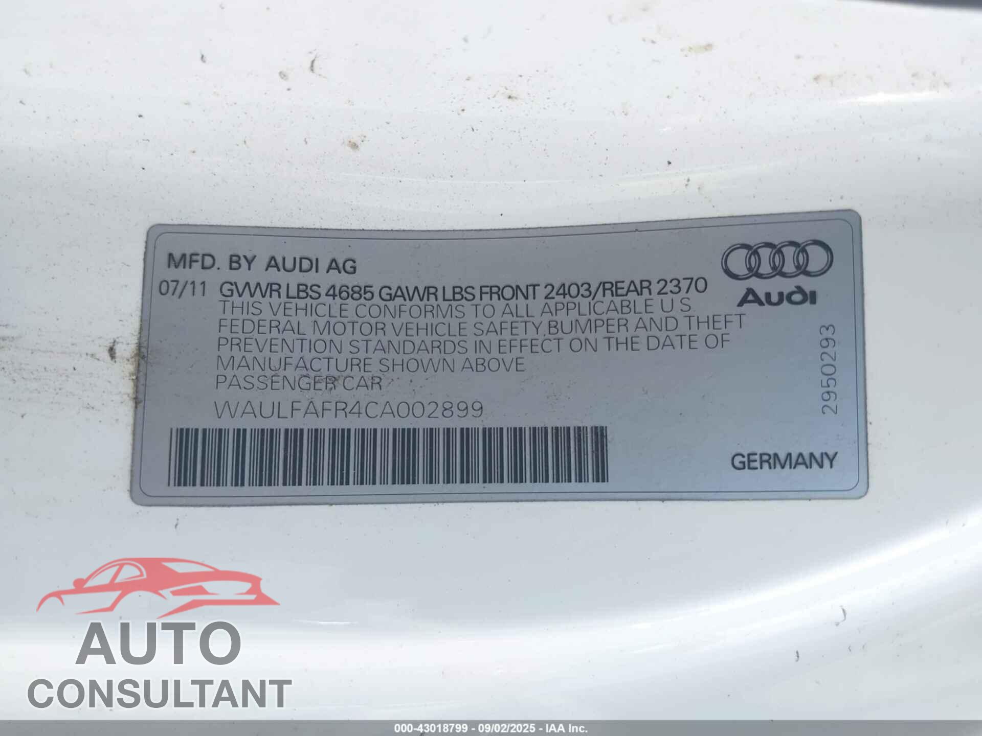 AUDI A5 2012 - WAULFAFR4CA002899