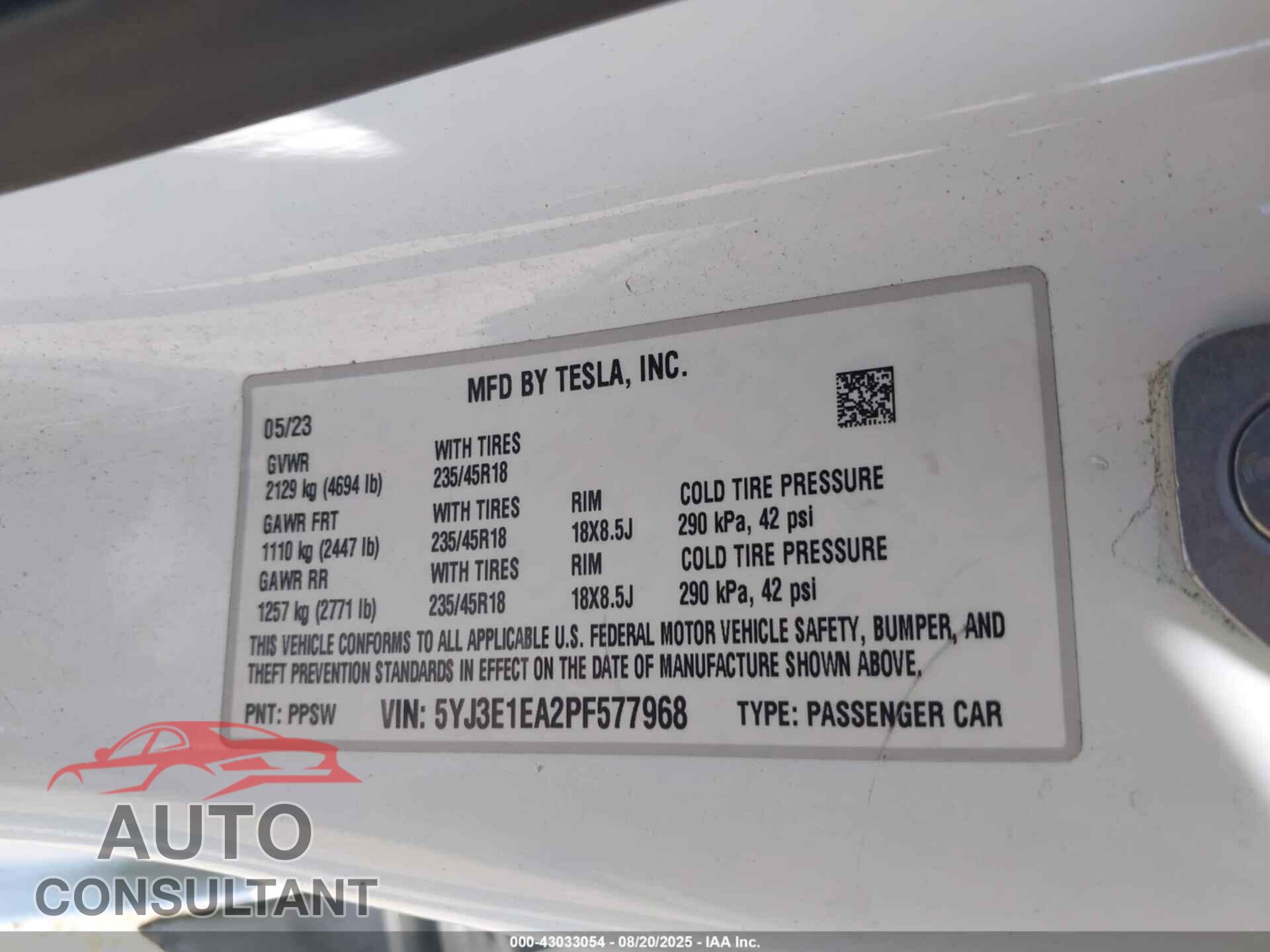TESLA MODEL 3 2023 - 5YJ3E1EA2PF577968