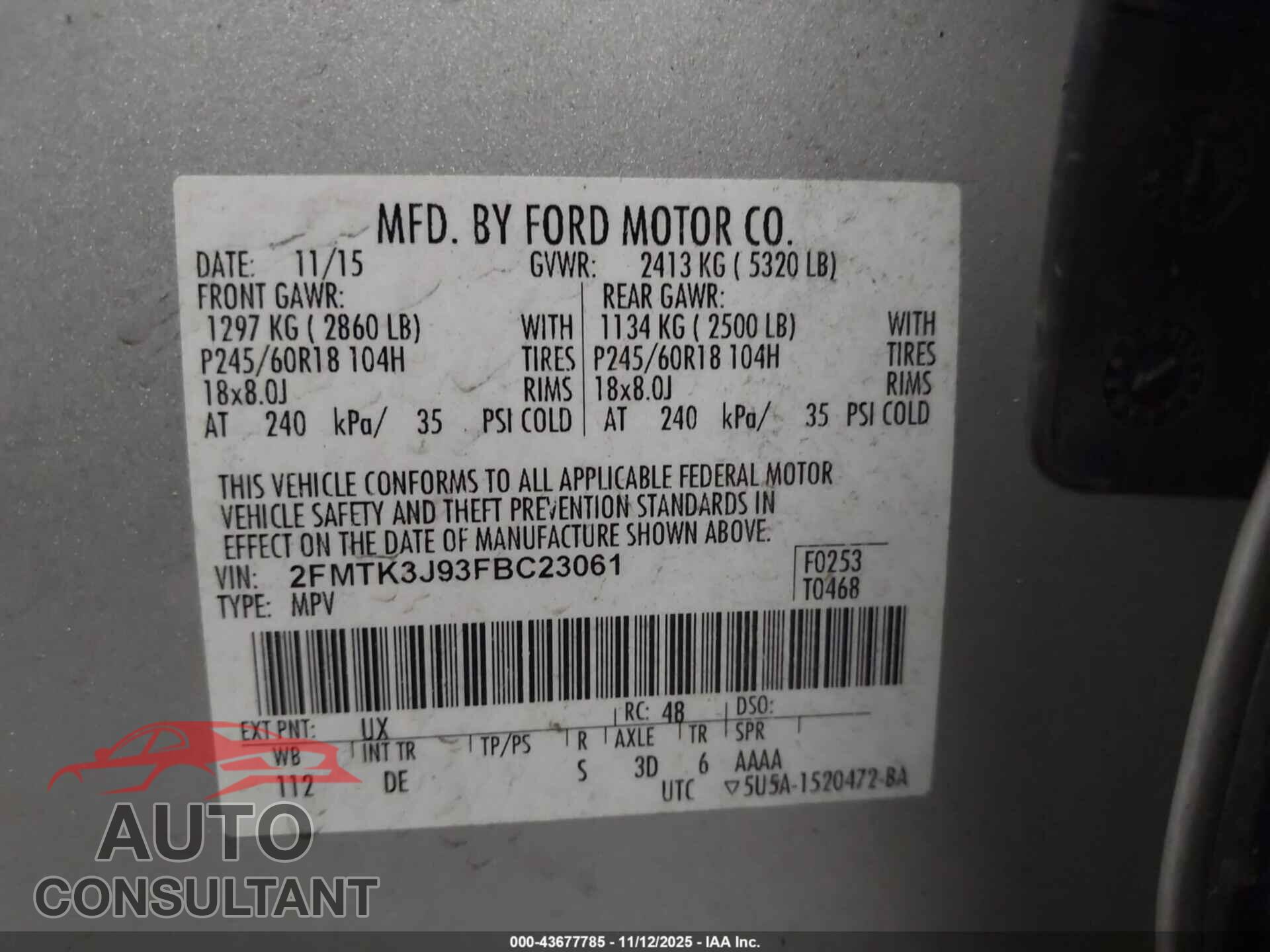 FORD EDGE 2015 - 2FMTK3J93FBC23061