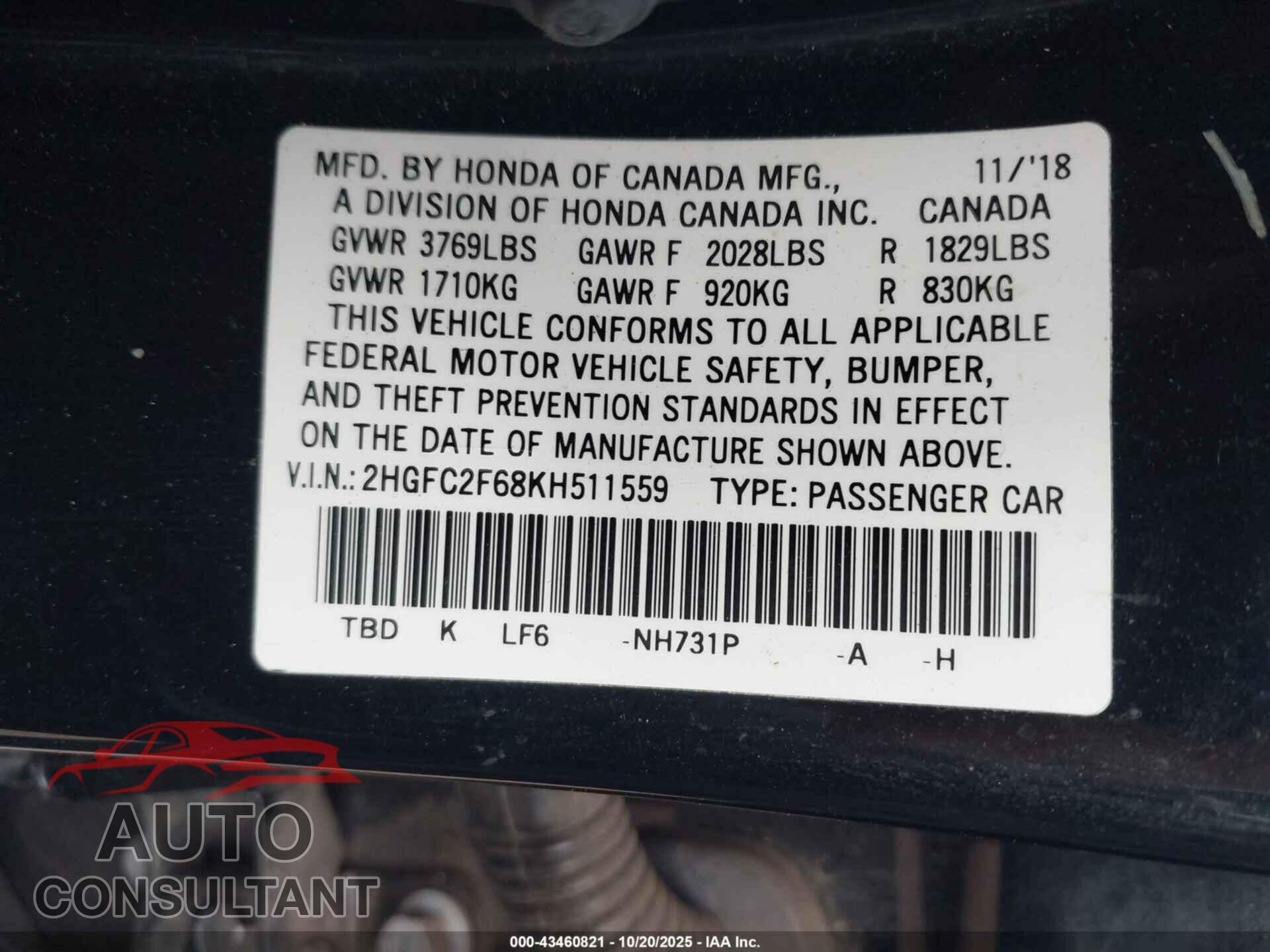 HONDA CIVIC 2019 - 2HGFC2F68KH511559