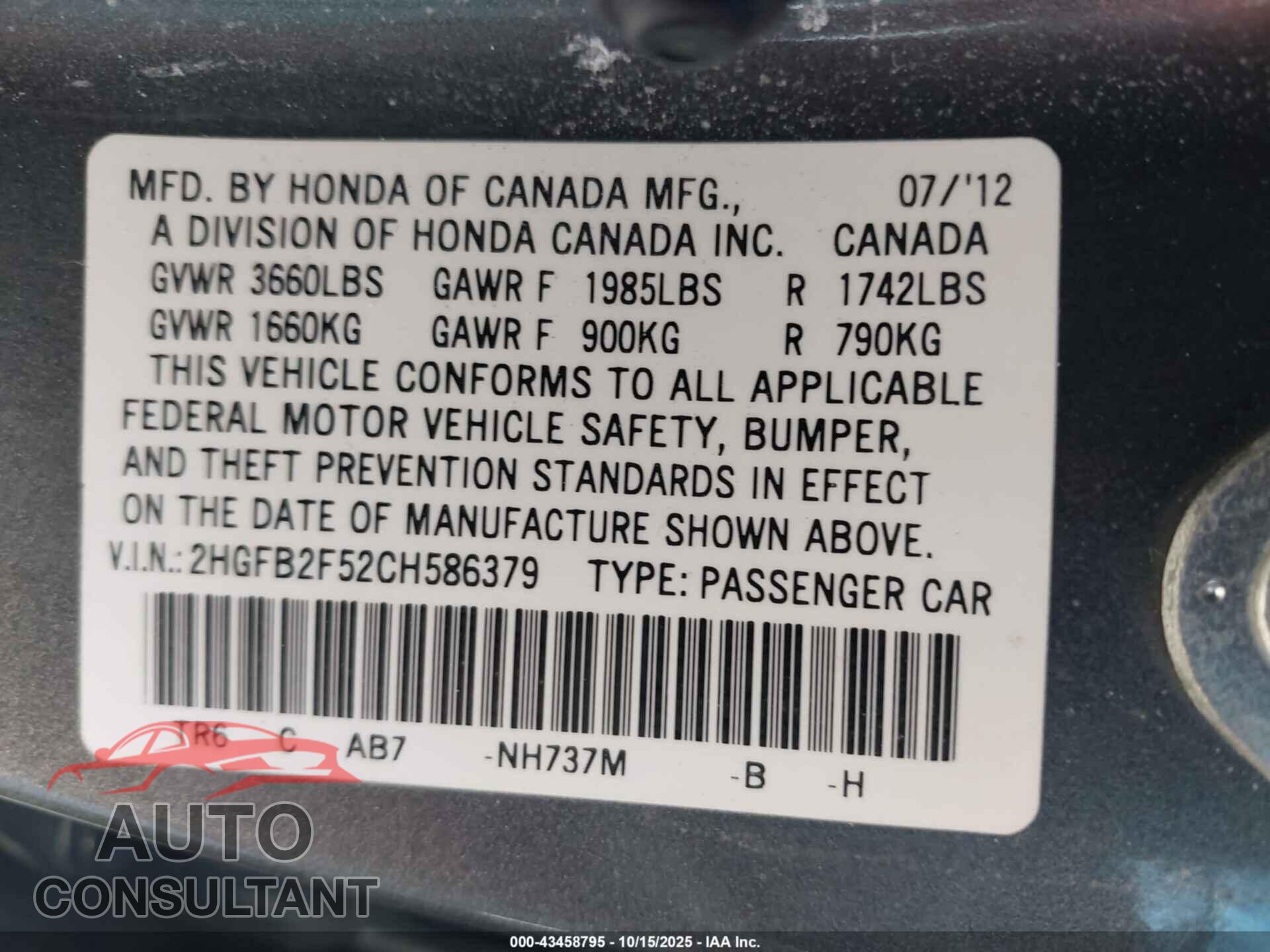 HONDA CIVIC 2012 - 2HGFB2F52CH586379