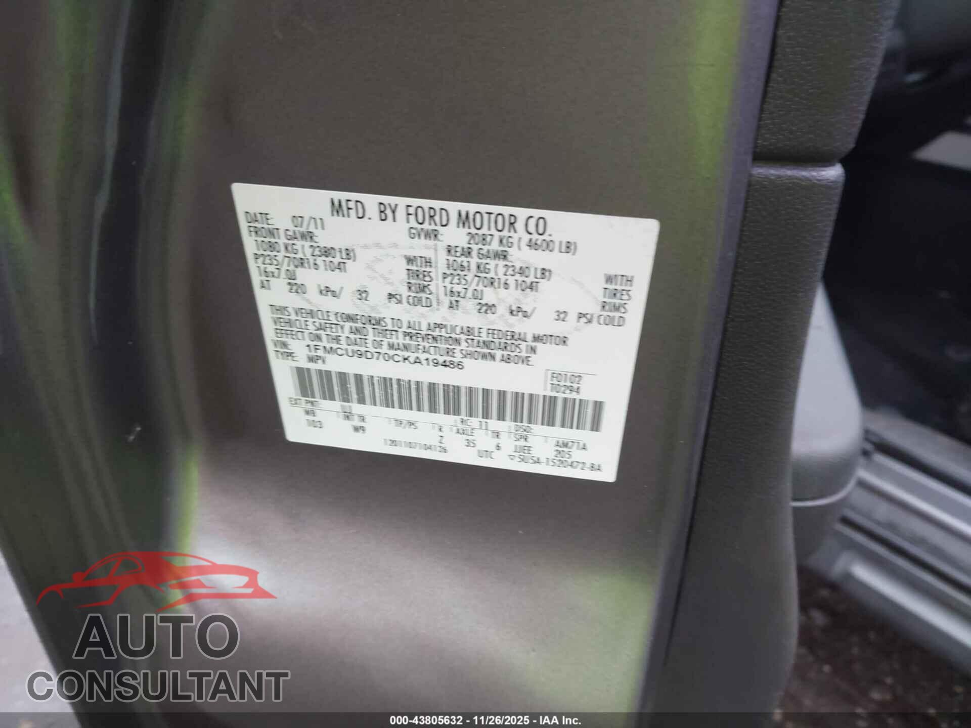 FORD ESCAPE 2012 - 1FMCU9D70CKA19486