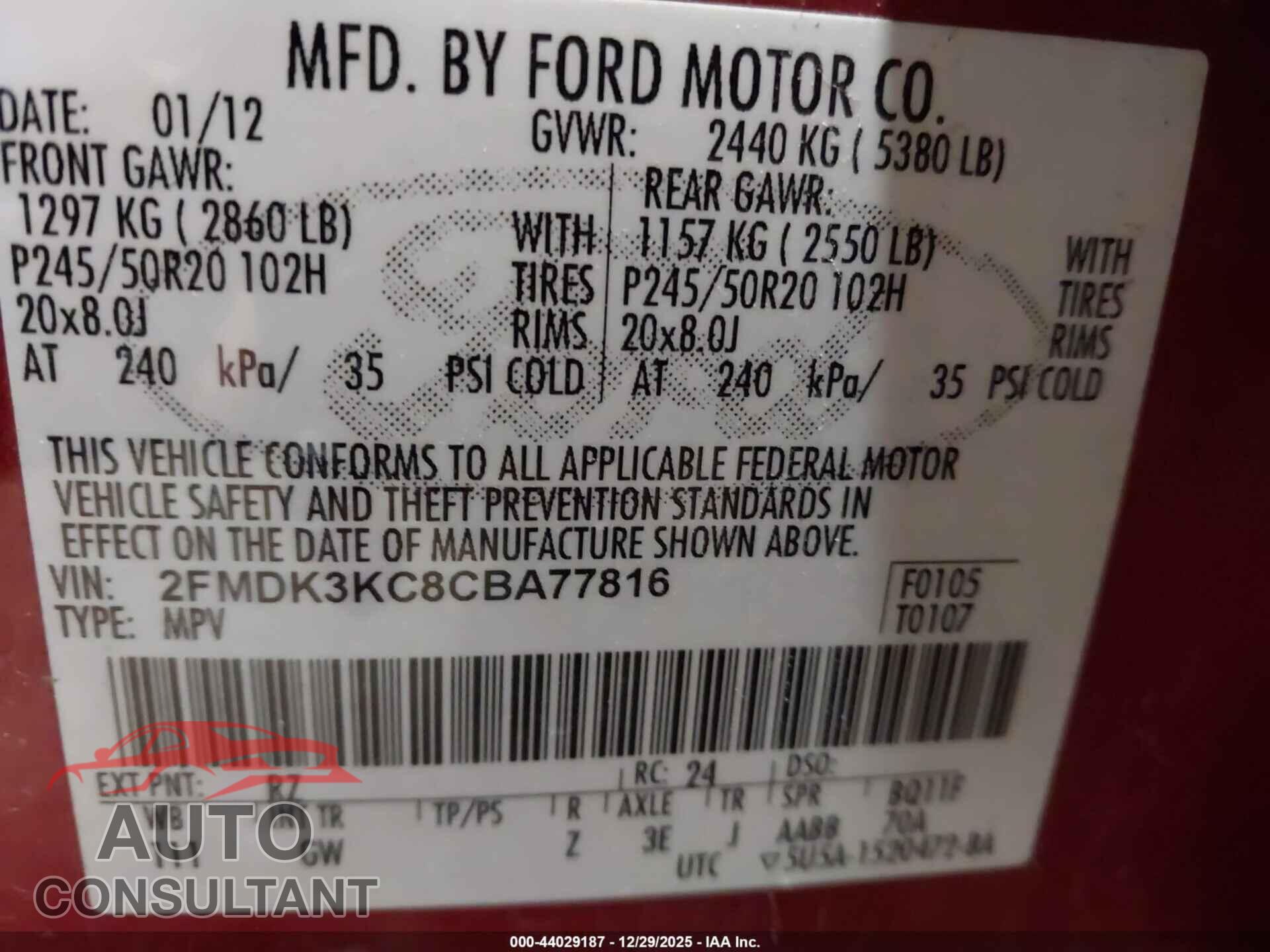 FORD EDGE 2012 - 2FMDK3KC8CBA77816
