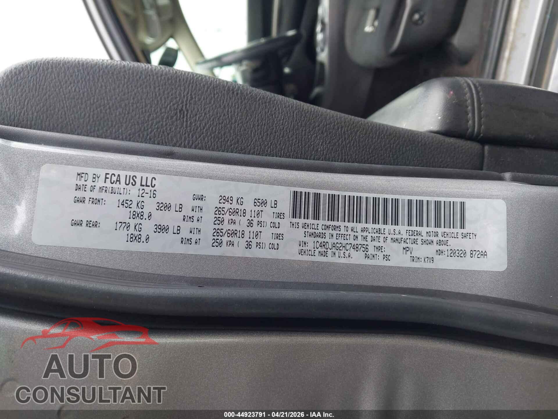 DODGE DURANGO 2017 - 1C4RDJAG2HC748756