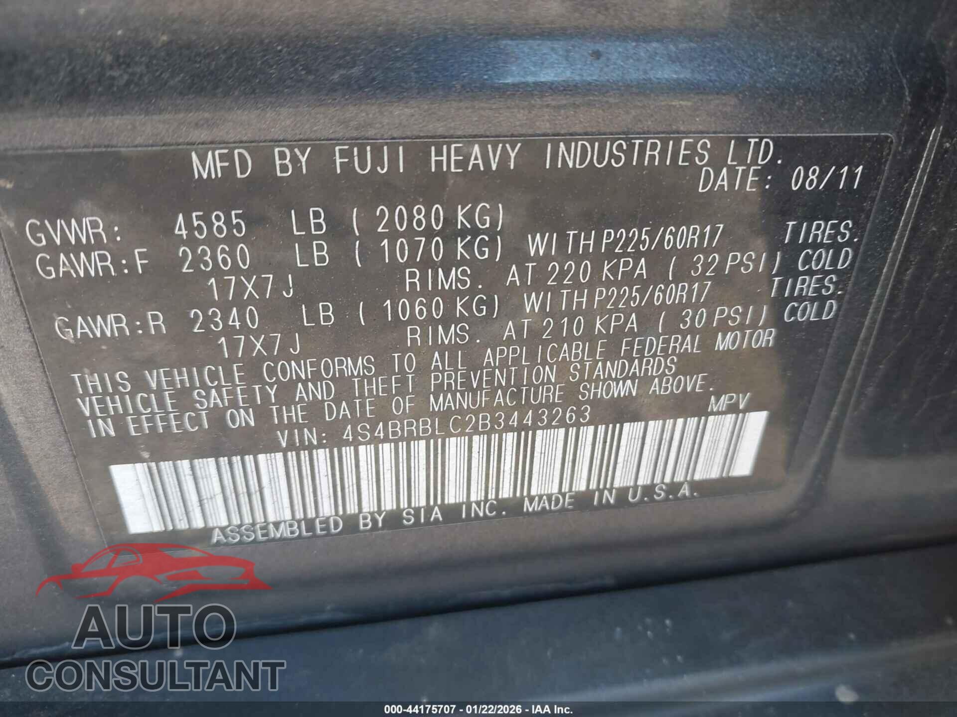SUBARU OUTBACK 2011 - 4S4BRBLC2B3443263