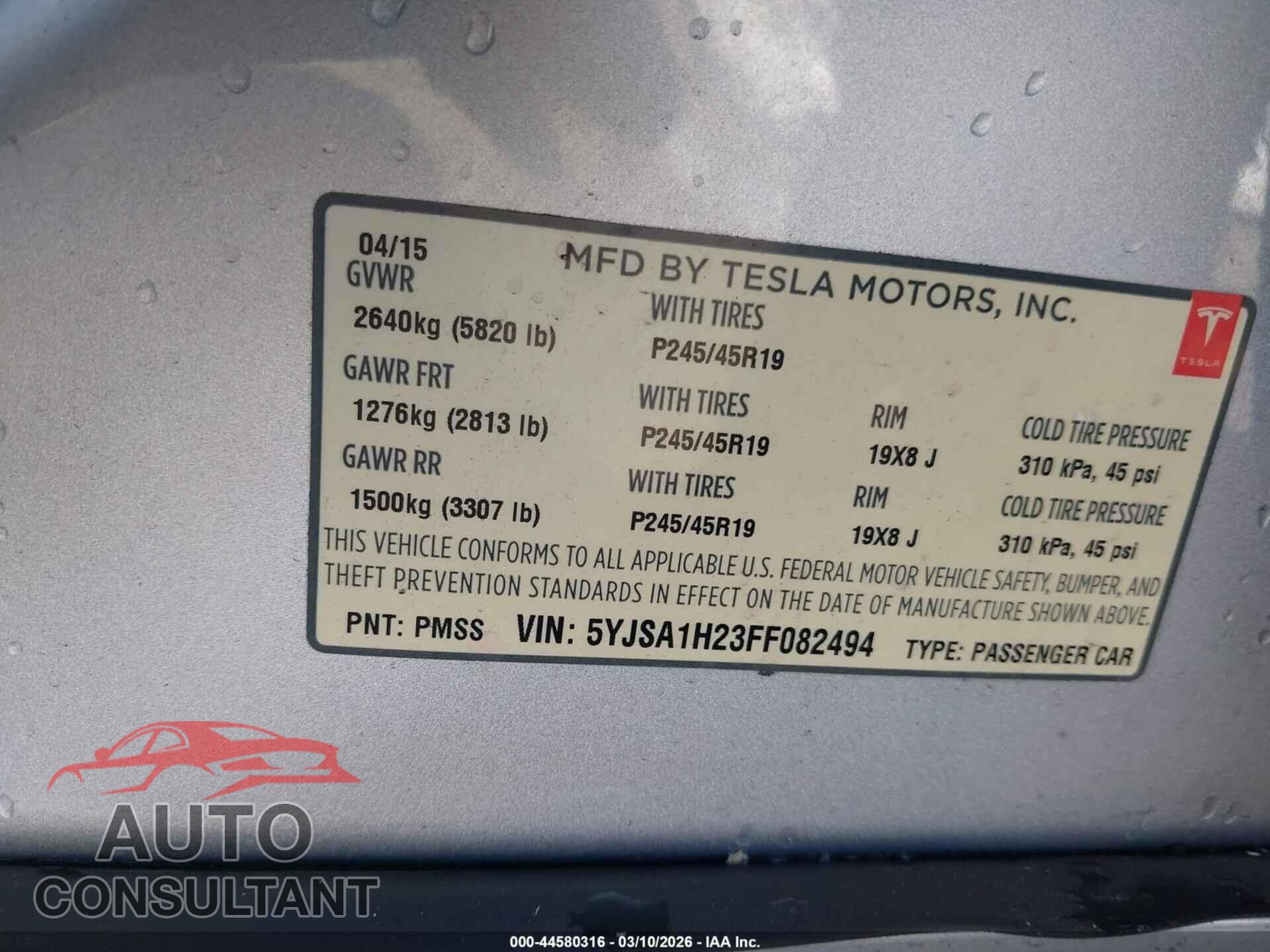 TESLA MODEL S 2015 - 5YJSA1H23FF082494