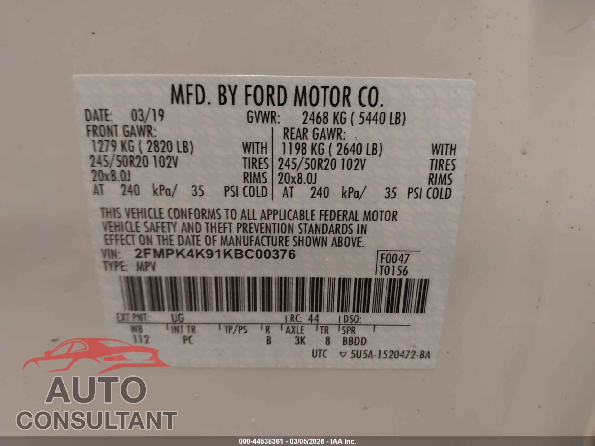 FORD EDGE 2019 - 2FMPK4K91KBC00376