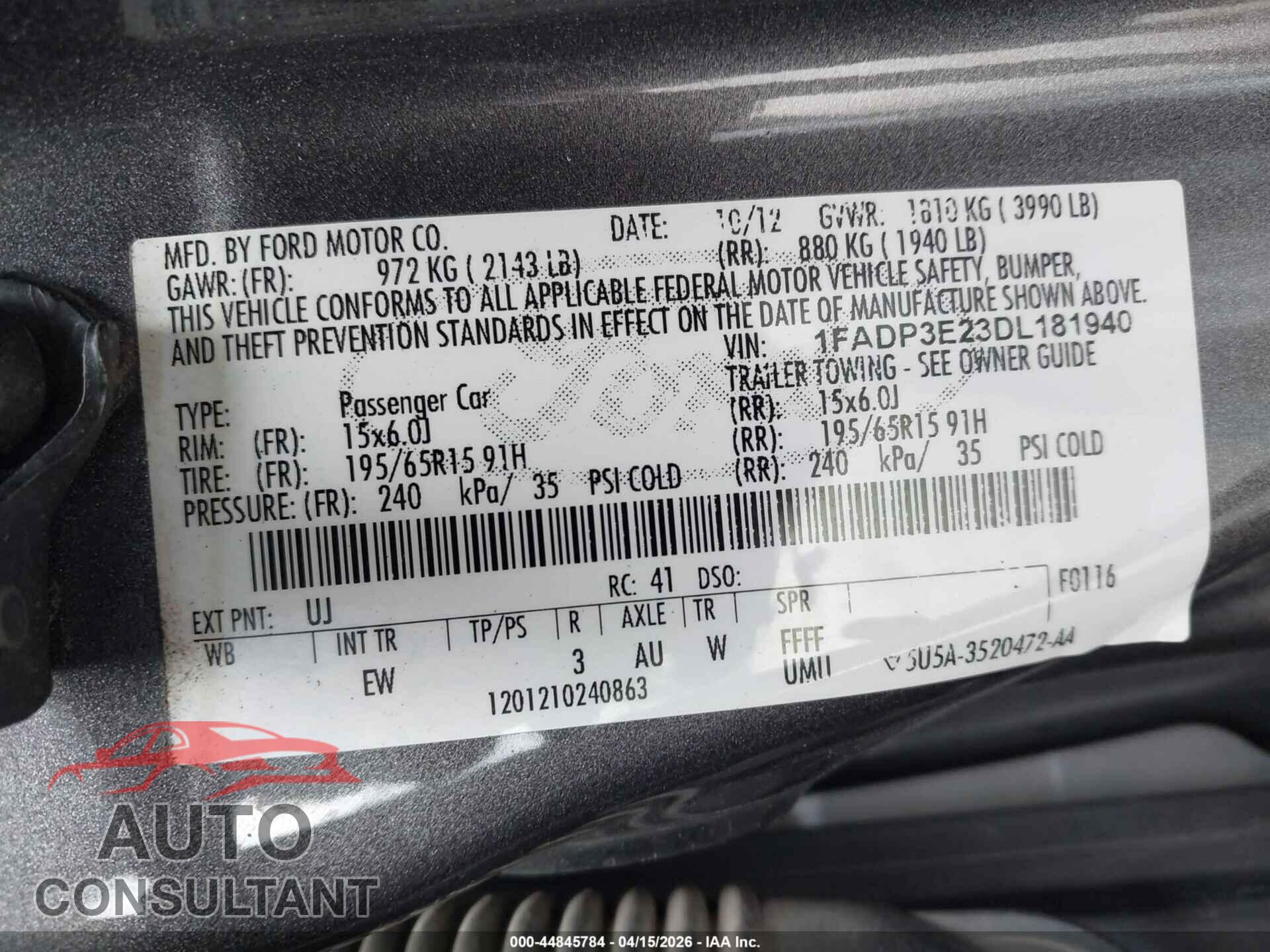 FORD FOCUS 2013 - 1FADP3E23DL181940