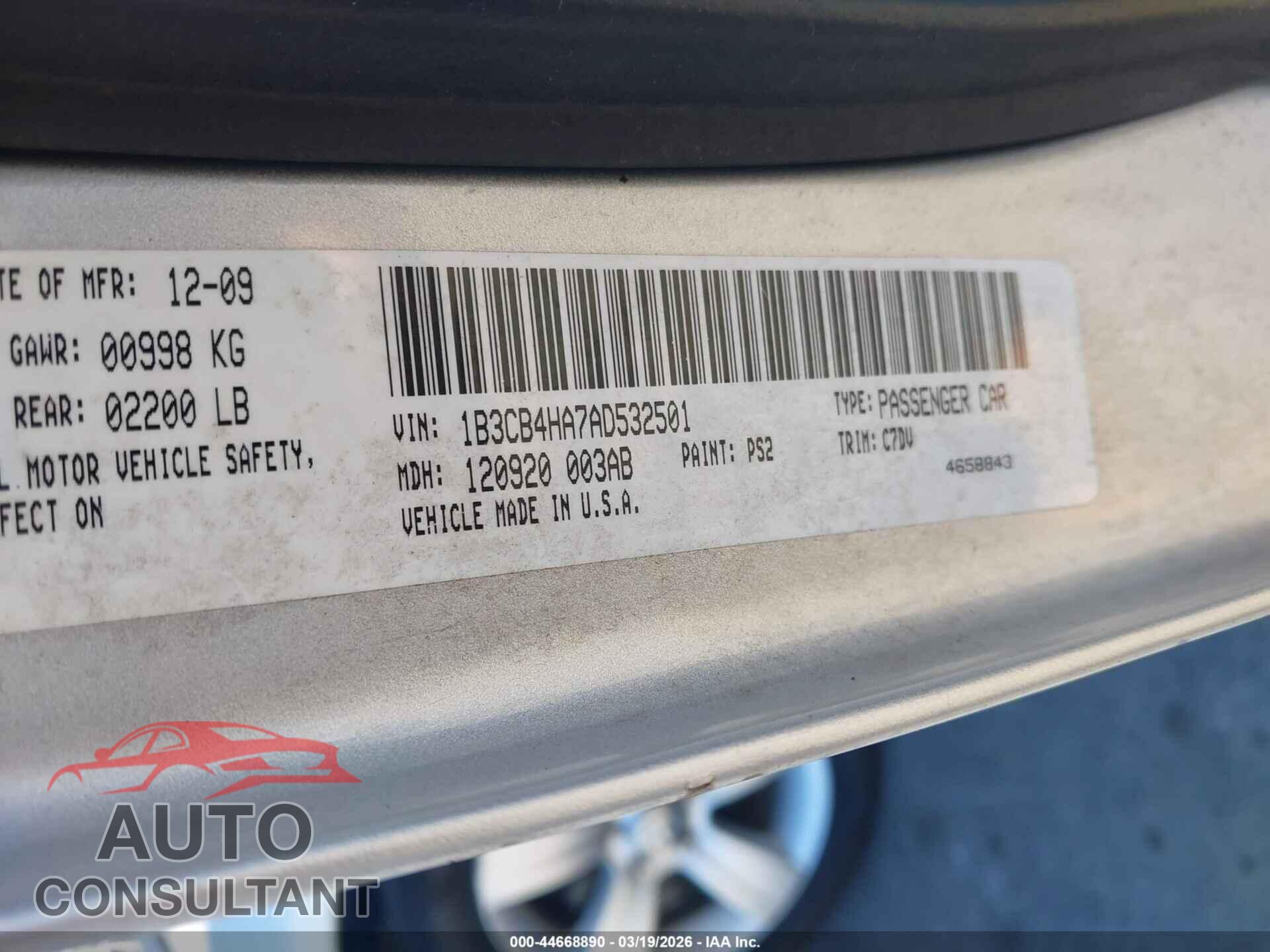 DODGE CALIBER 2010 - 1B3CB4HA7AD532501