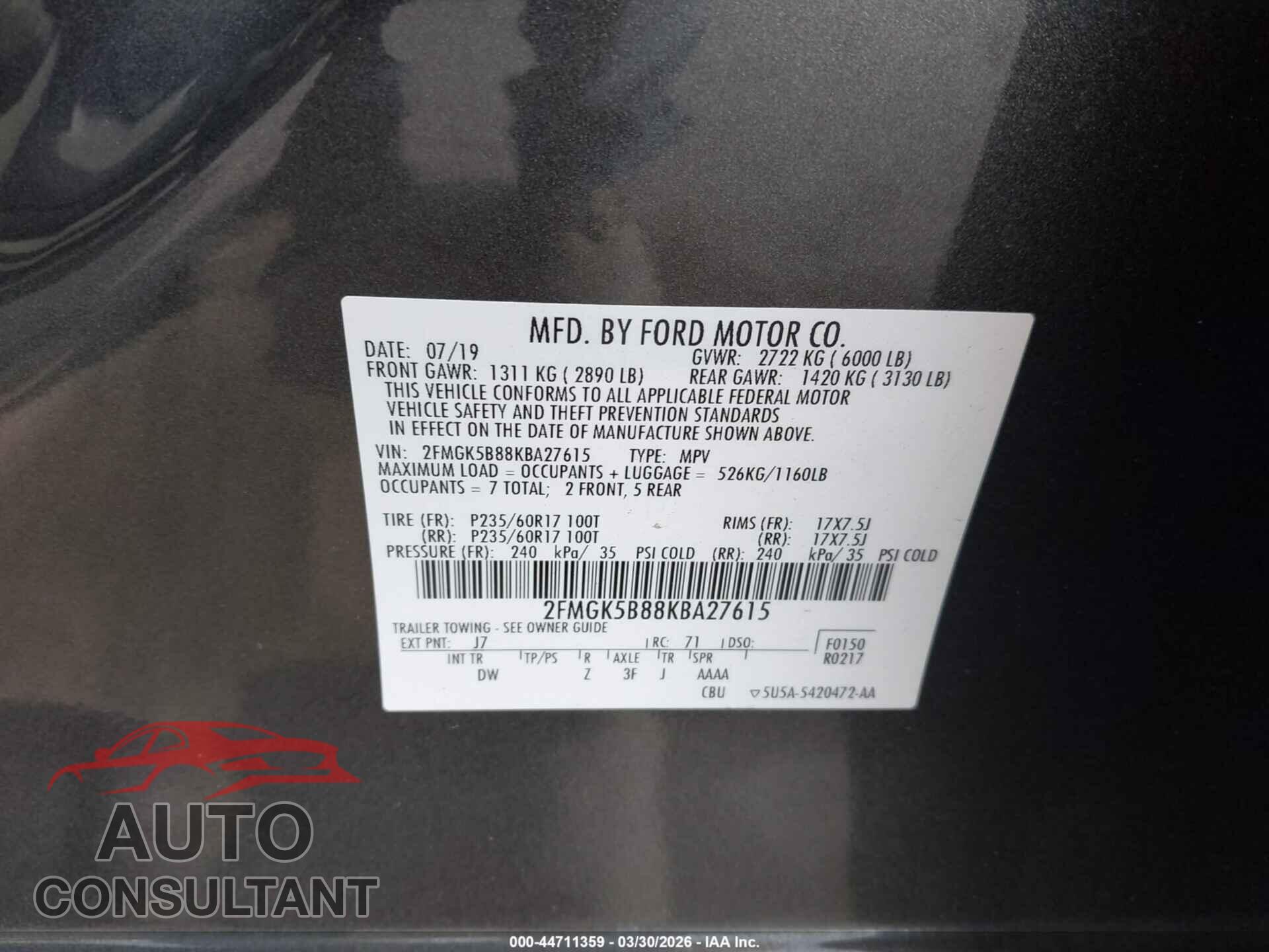 FORD FLEX 2019 - 2FMGK5B88KBA27615