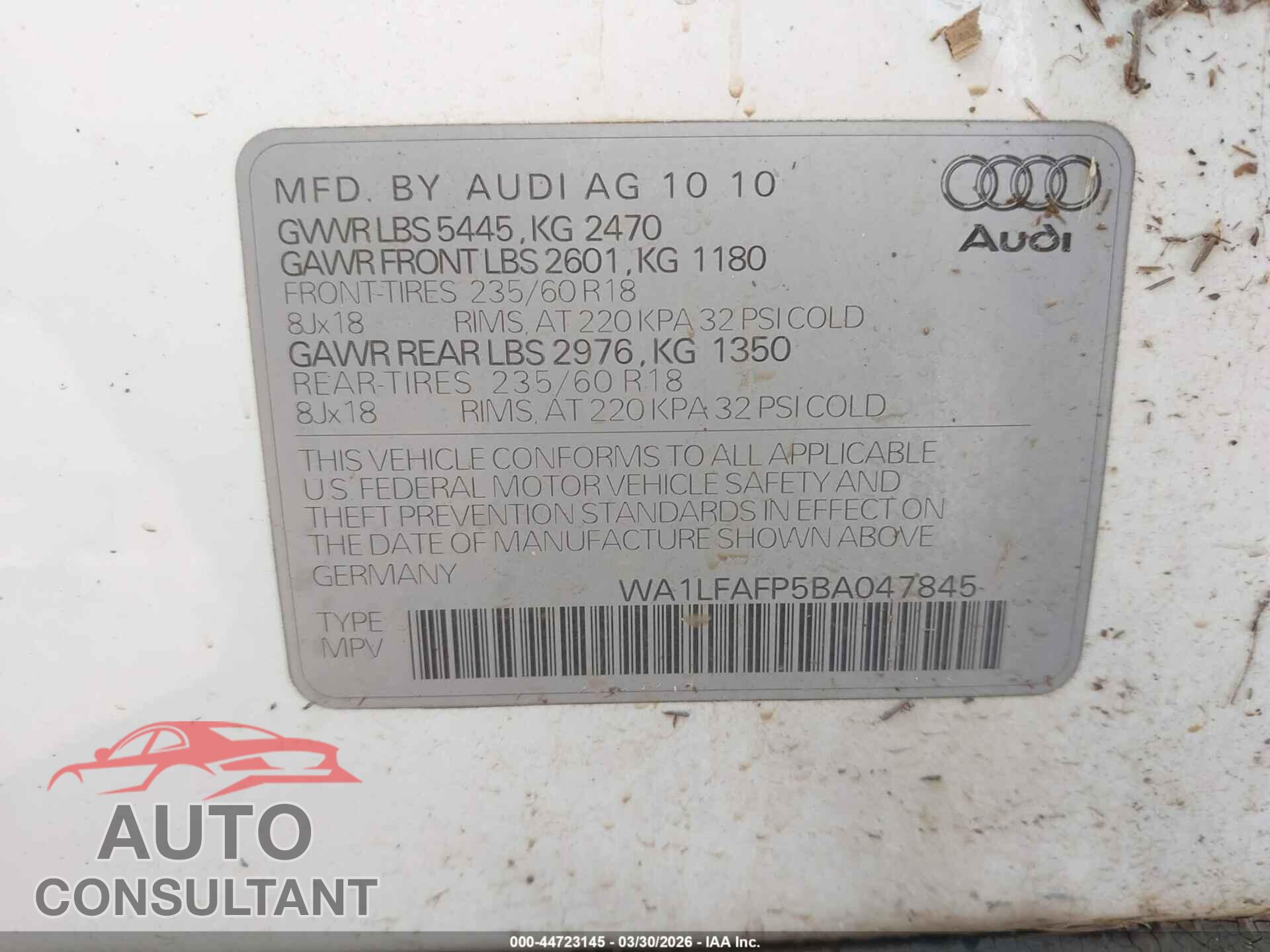 AUDI Q5 2011 - WA1LFAFP5BA047845