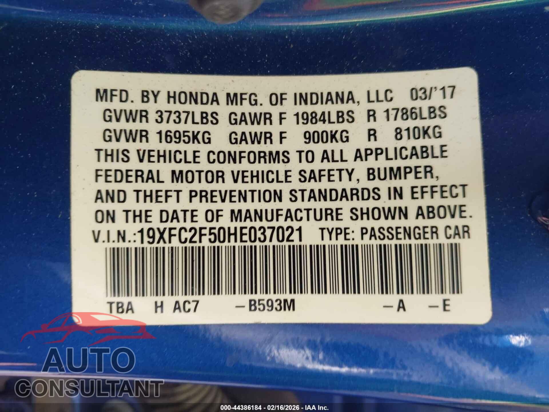 HONDA CIVIC 2017 - 19XFC2F50HE037021