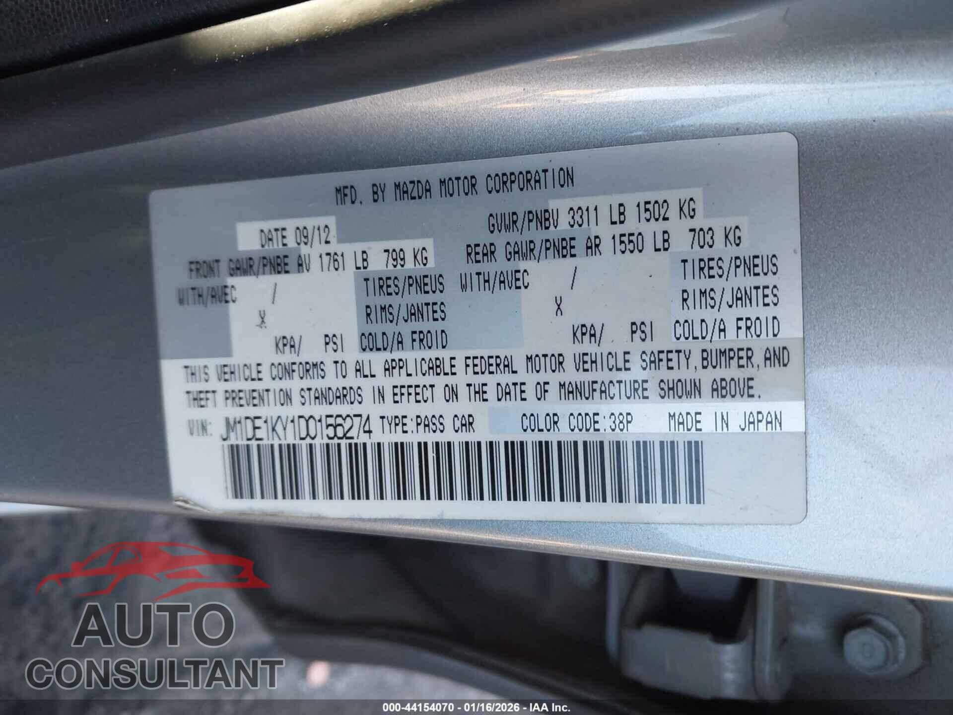 MAZDA MAZDA2 2013 - JM1DE1KY1D0156274