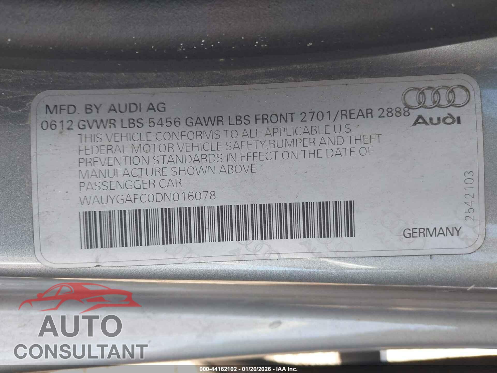 AUDI A7 2013 - WAUYGAFC0DN016078