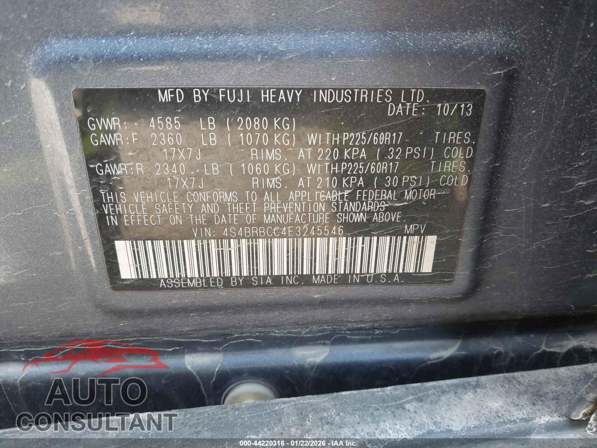 SUBARU OUTBACK 2014 - 4S4BRBCC4E3245546