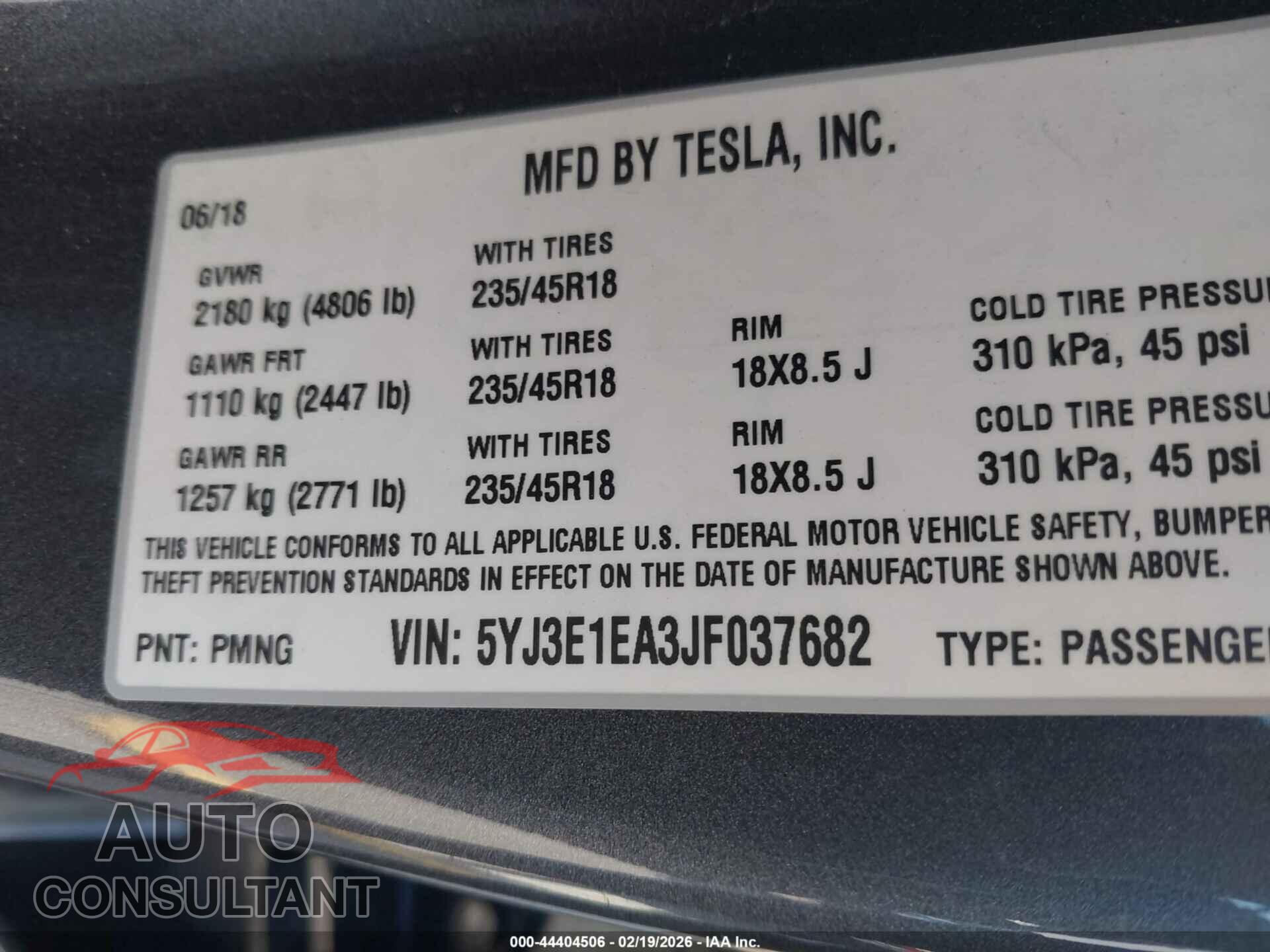 TESLA MODEL 3 2018 - 5YJ3E1EA3JF037682